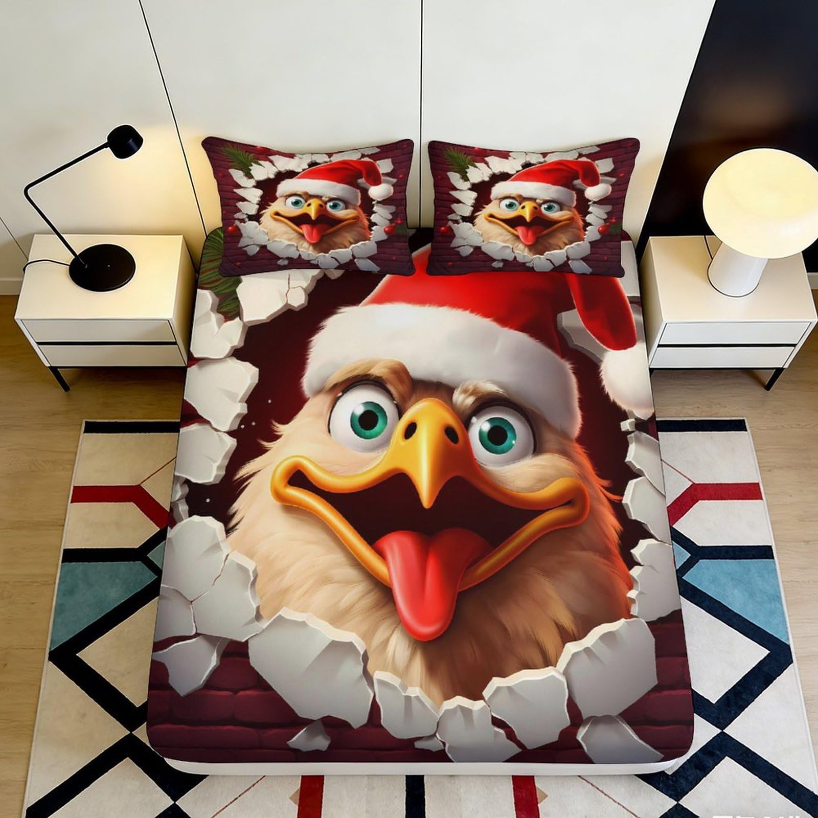 3D Printed Christmas Cartoon Chicken Fitted Sheet Microfiber Non-slip Bed Cover for Bedroom Dorm Room Mattress Protection 120x200x25cm
