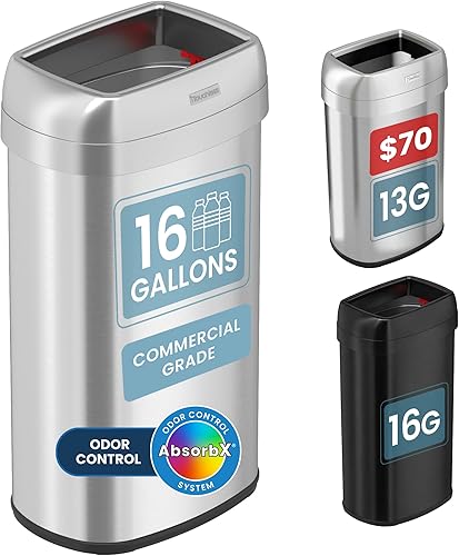 iTouchless Bote de basura elíptico de 16 galones y cubo de reciclaje, doble filtro de olor, acero inoxidable, grado comercial, abertura de 12