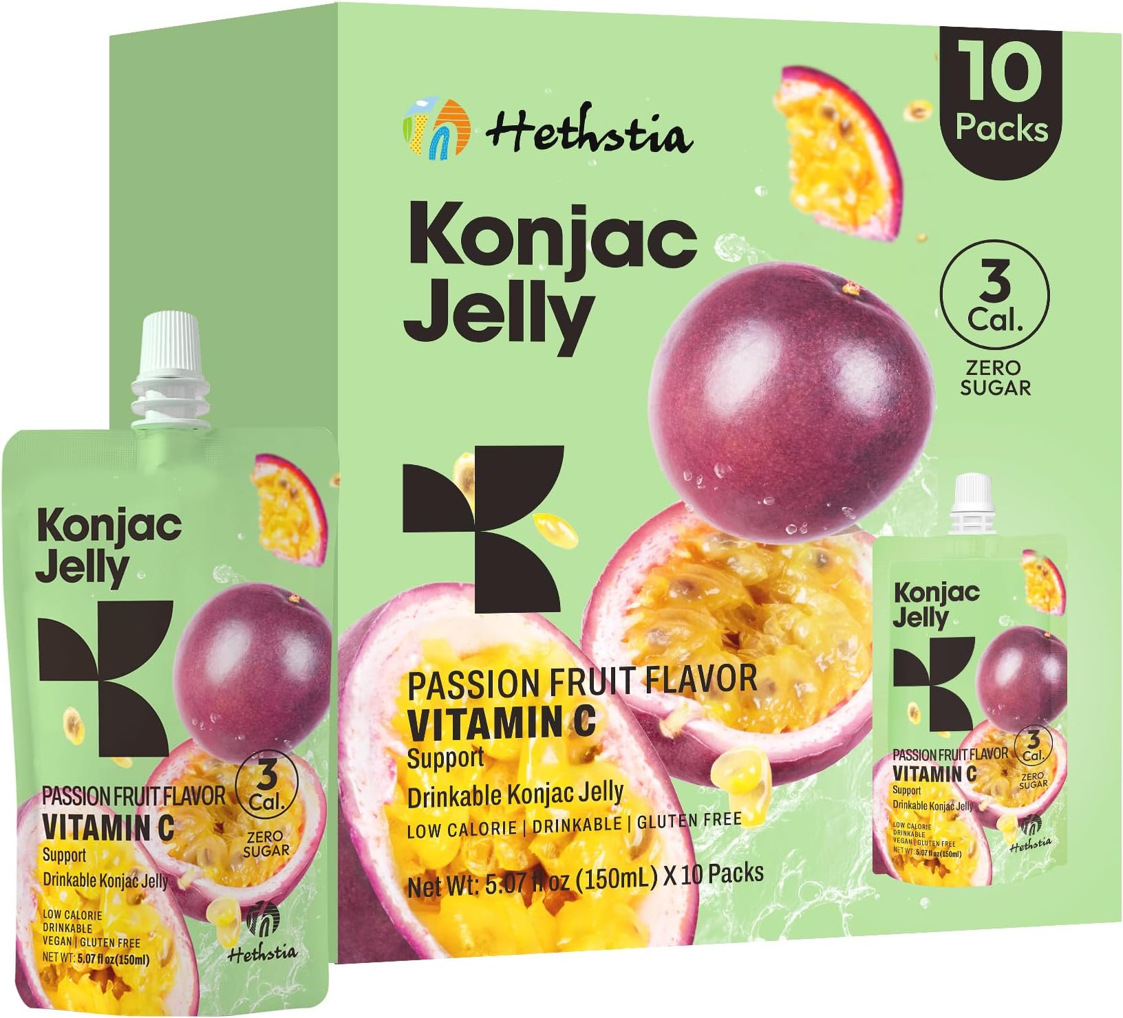 Hethstia Konjac Jelly Passion Fruit, 10 Pouches Sweet Fruit Drinkable Jello, 3 Calories, Sugar Free, Vitamin C, Keto, Vegan, Gluten-Free, On-the-Go Light Snacks, Healthy Food Gift