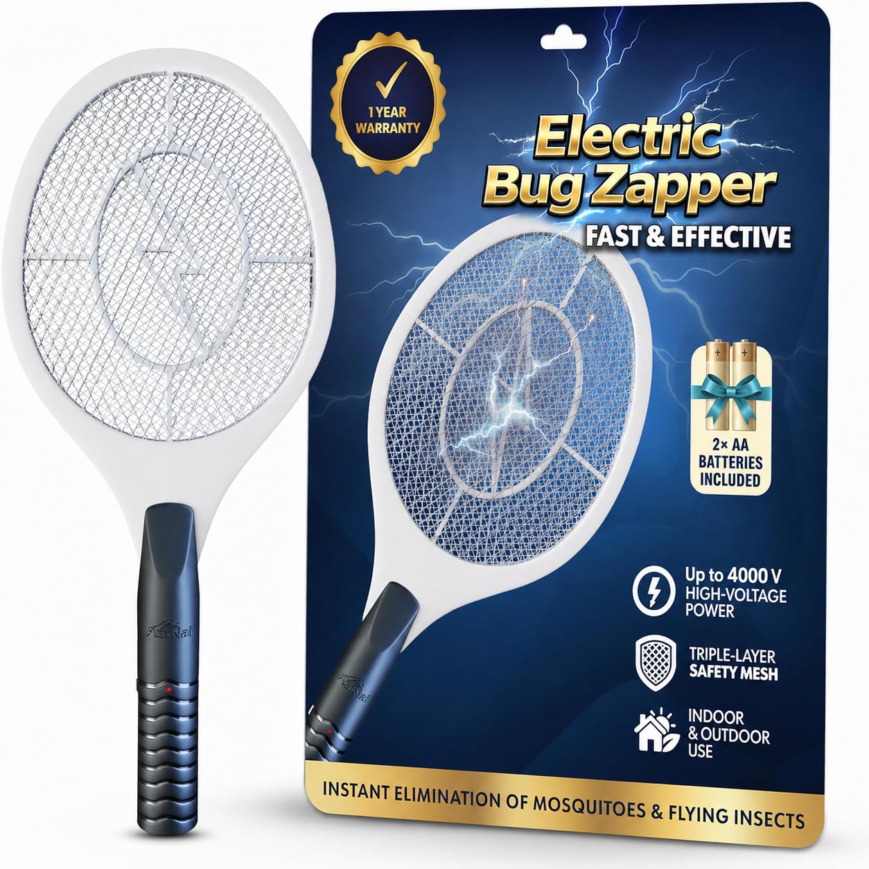 Bug Zapper Racket, Elektrische Fliegenklatsche für Mücken, Fliegen und fliegende Insekten, 45,7 cm Handheld-batteriebetriebener Fliegenvernichter für den Innen- und Außenbereich, 2 AA-Batterien
