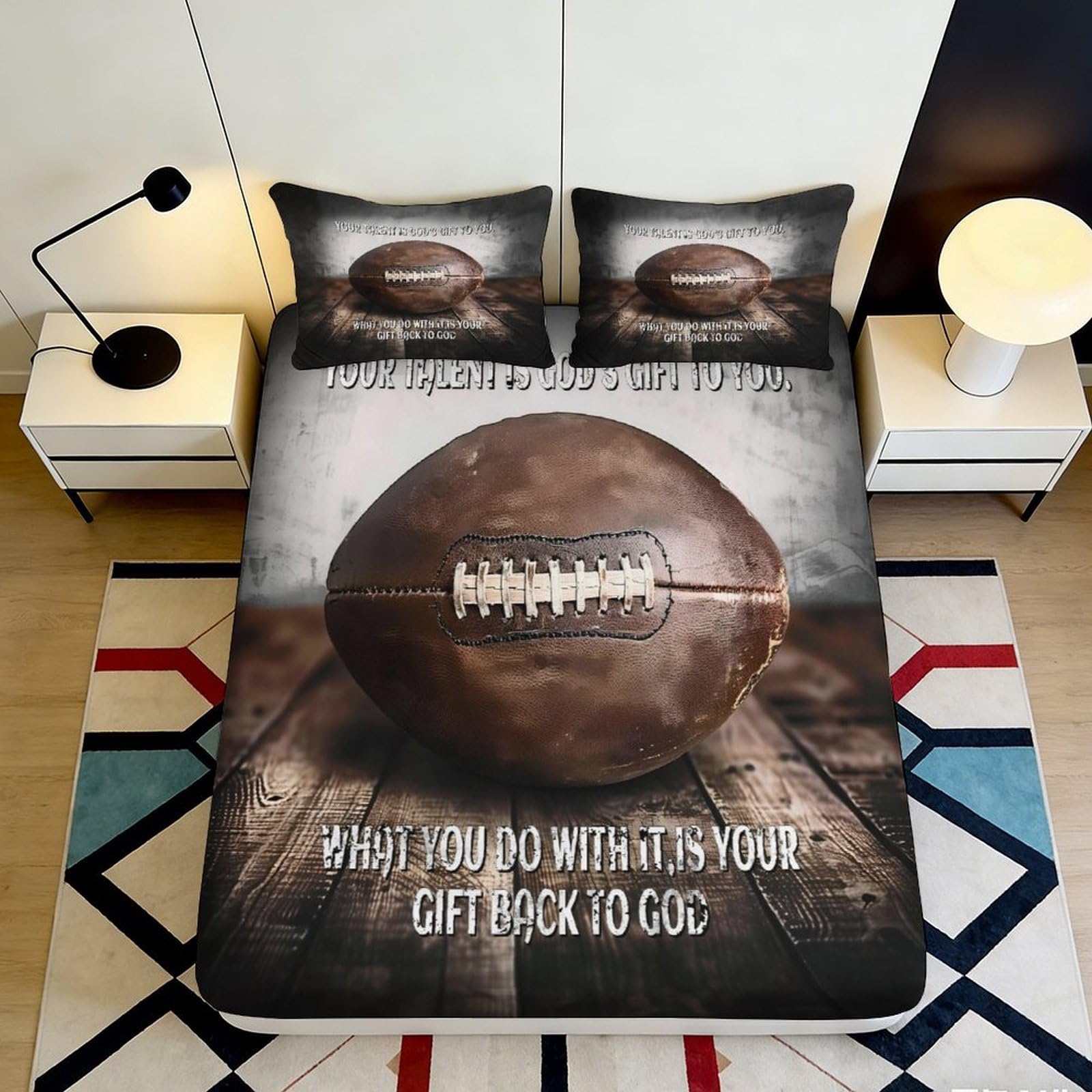 3D Printed American Football Fitted Sheet Microfiber Deep Pocket Non-Slip Bedding Set Sports Theme Mattress Fitted Cover Washable 200x200x25cm 90x200x25cm
