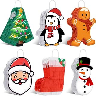 Soulchen 6 Pcs Mini Christmas Piñata with Hanging Loop Include Santa Claus Snowman Penguin Gingerbread Man Xmas Tree Piñata Christmas Mexican Piñata for Holiday Theme Party Supplies Decorations, 5.9''
