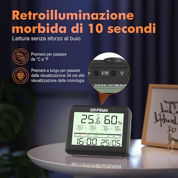 GRIFEMA GA2901B, Digital Hygrometer Indoor Thermometer, Humidity Meter with Backlight, Max/Min Recording, Clock/Date Display, Ideal for Home/Greenhouse, Black - 5
