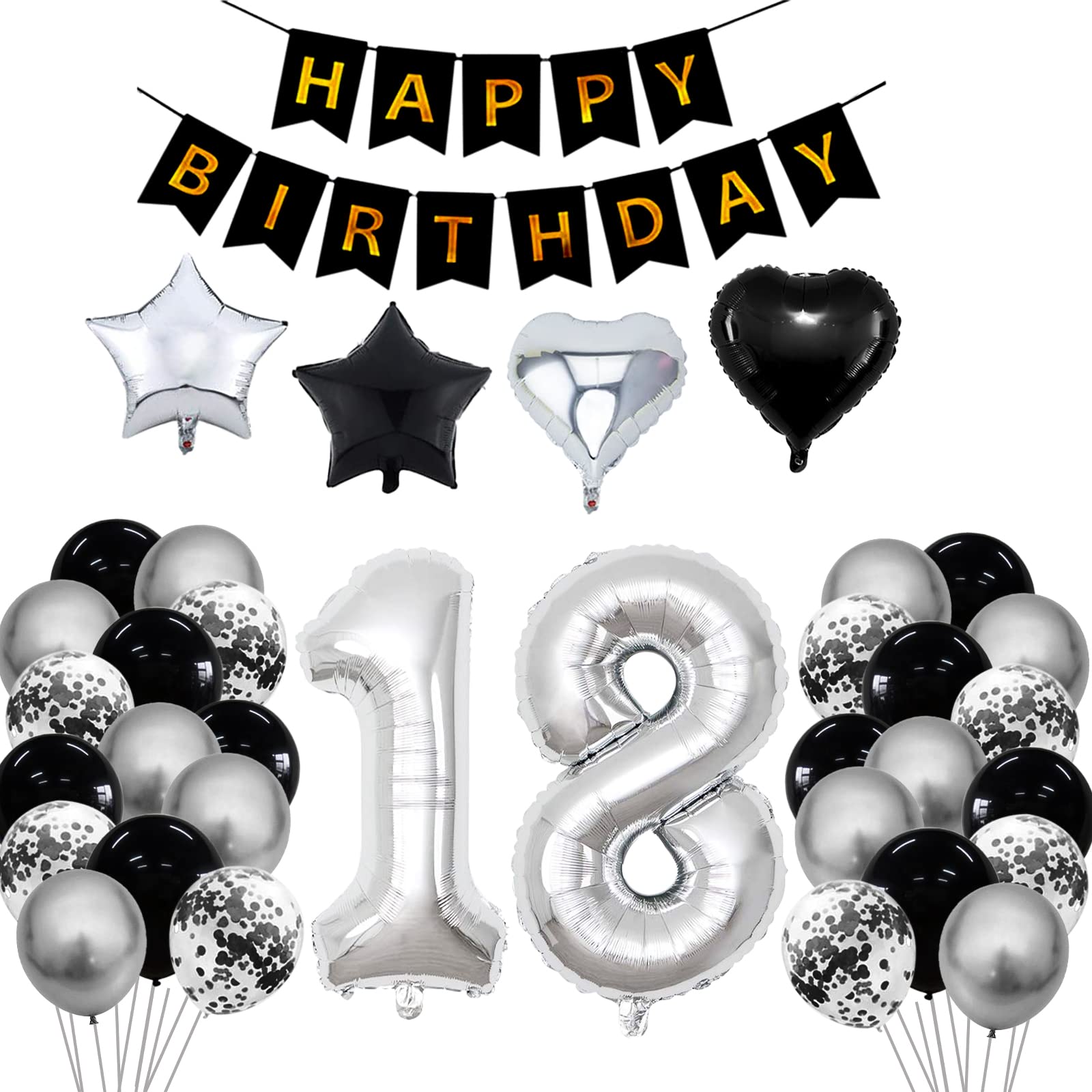 18th Birthday Decoration Balloon Set, Navy Blue and Silver, Number 18 Foil Balloons, Banner, Cake Topper, Confetti, Party Supplies for Men and Boys (Black Silver)