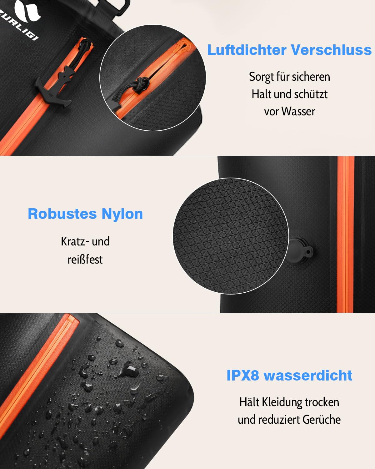 Zurligi 39L Vakuumbeutel-Reiseset mit Pumpe, Nylon, Griff, Schwarz, 3 Stück | Wiederverwendbare, wasserdichte Kompressionsbeutel aus reißfestem Nylon mit Griff für Kleidung, Handgepäck und Reisekoffer
