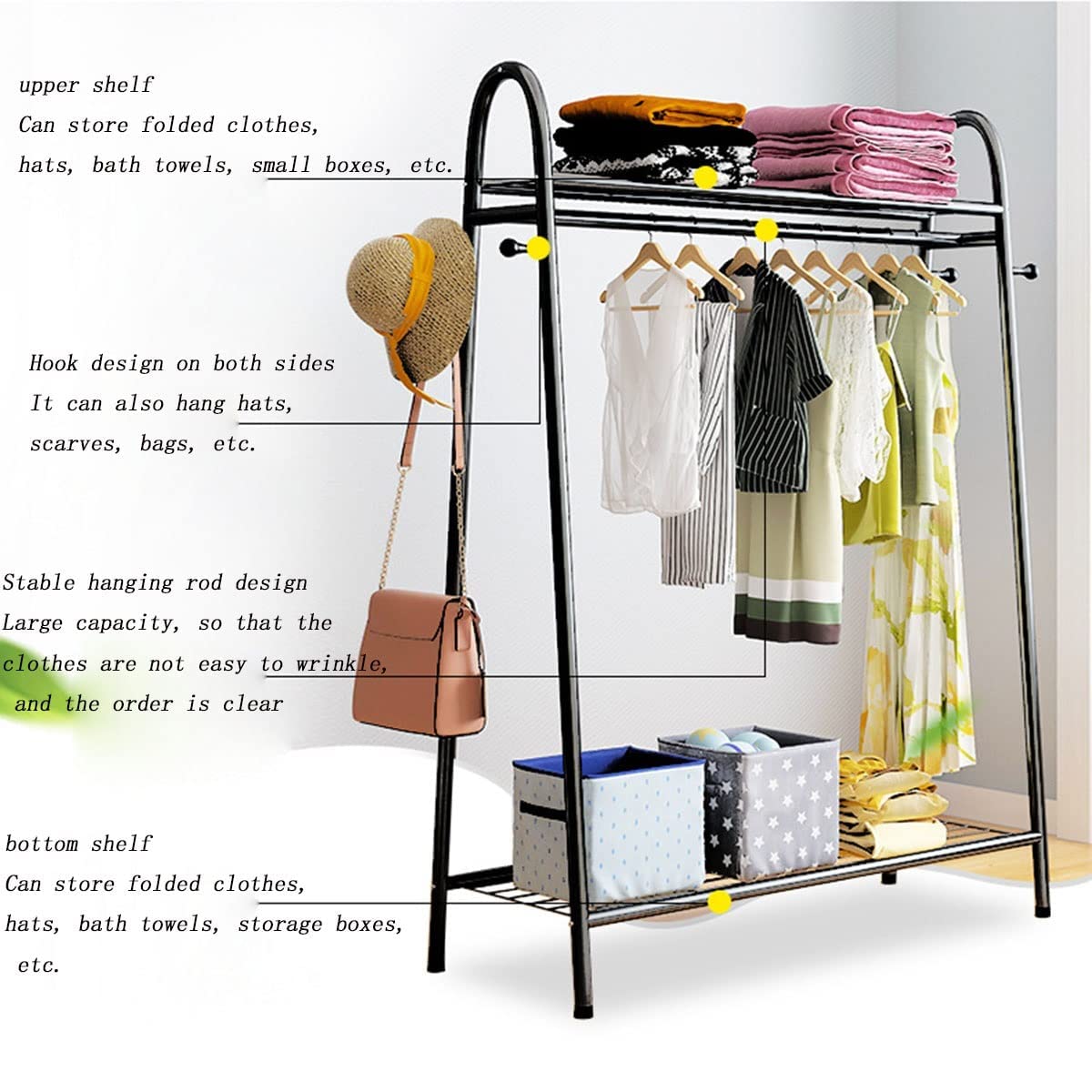 Wieszak na ubrania z półkami, wytrzymały wieszak na ubrania do sypialni, metalowy wieszak na ubrania na wieszaki na ubrania Twoje codzienne przedmioty/a