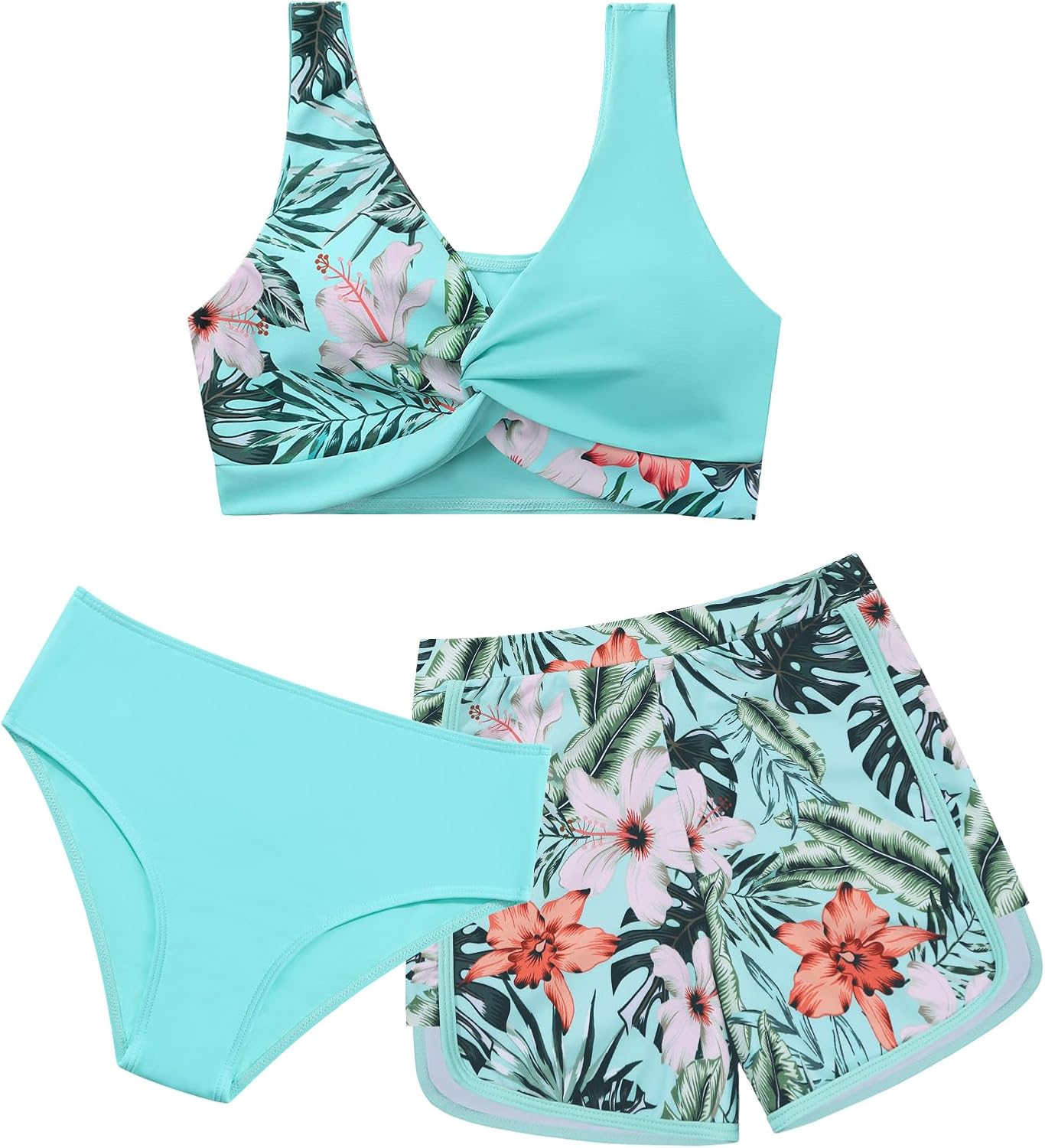 Weixinbuy Girl's 3 Piece Swimsuit Teen Swimwear Tropical Print Twist Cross Bikini Bathing Suit with Cover Up Shorts Size 9-16