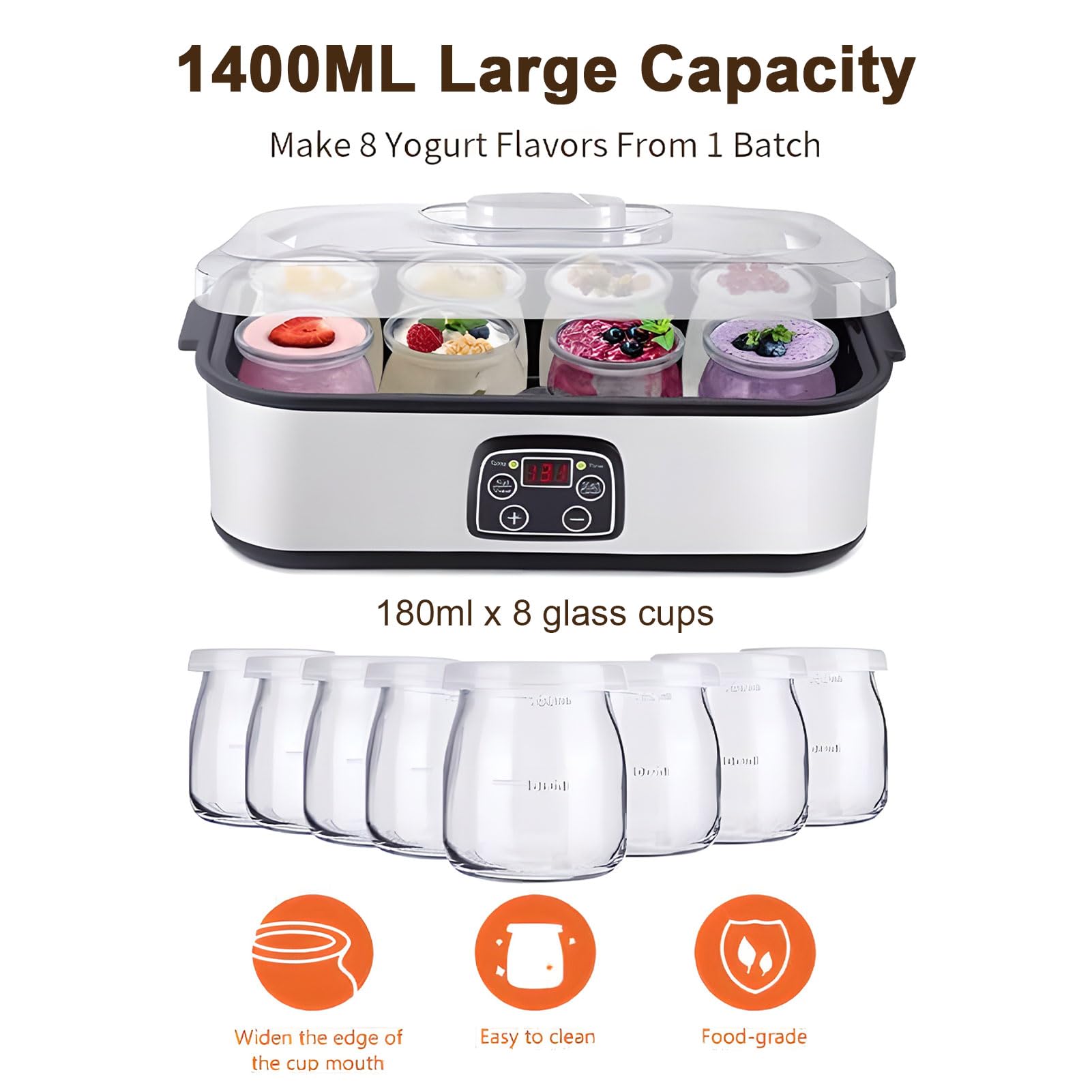 Yogurtera con control de temperatura y tiempo, capacidad de 1400 ml, incluye 8 tarros de vidrio para yogur casero