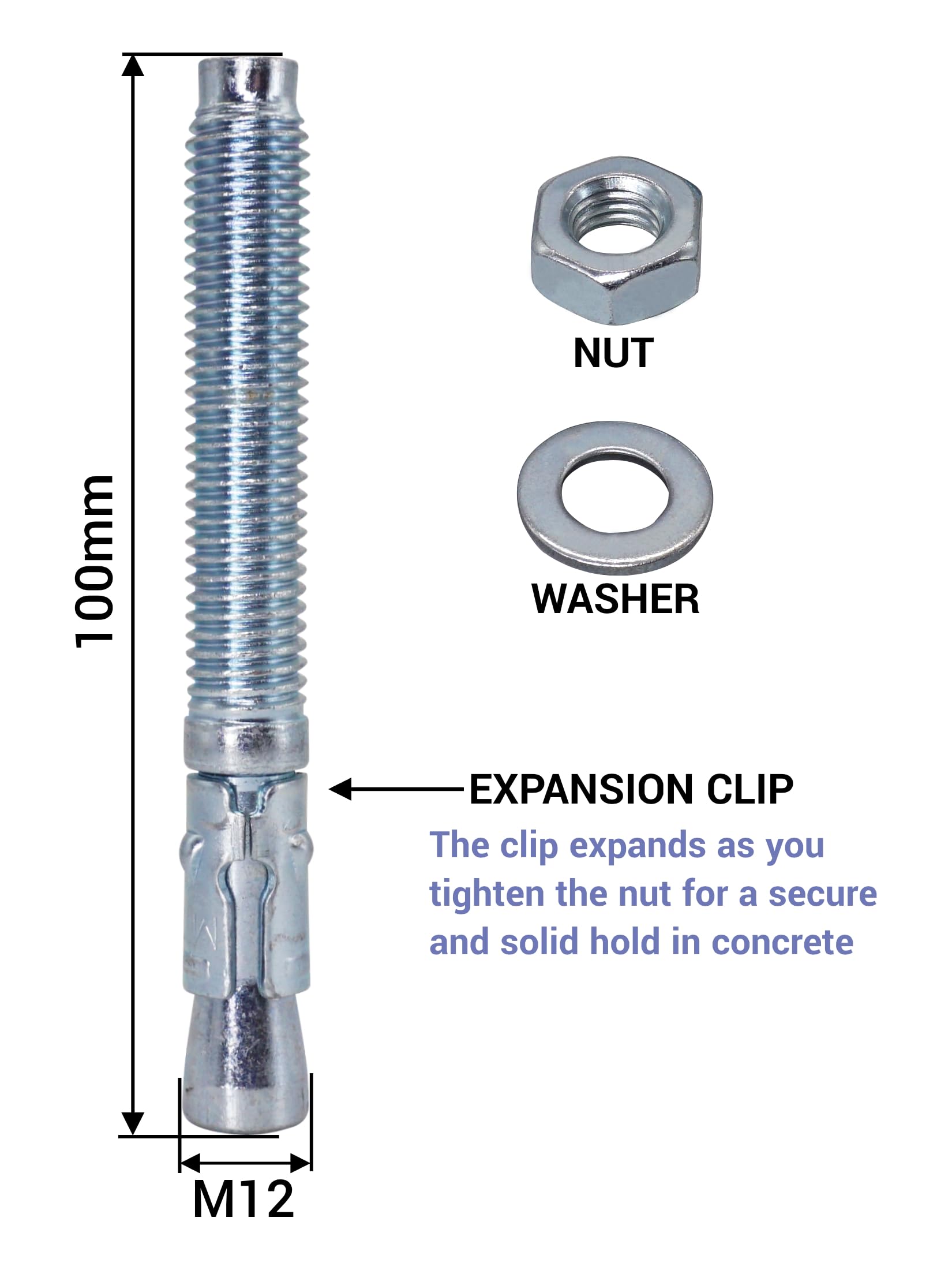 SKIR'CO (10 pcs) Zinc Plated Wedge Anchors M12 x 100 mm, Metal Dowels, Anchor Bolt, Masonry Anchors, Concrete Anchor - Image 4