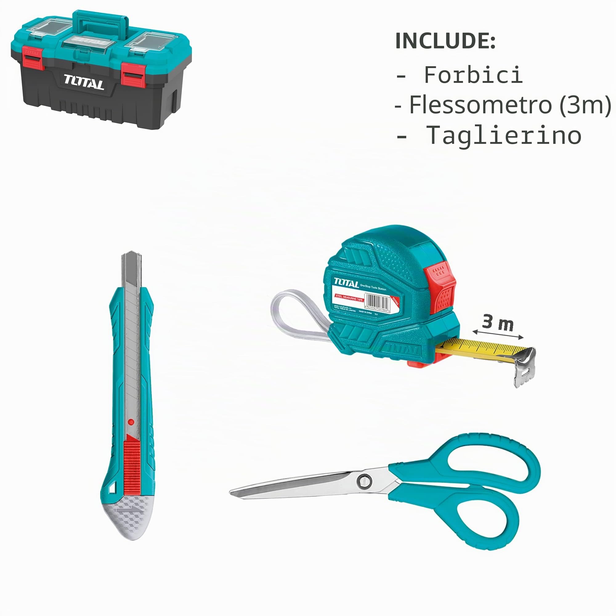 TOTAL - Cassetta degli attrezzi completa 32 pezzi | Pinza, chiave inglese, cacciavite e martello con estrattore per chiodi | Flessometro, punte e arco | Tester di tensione | Valigetta 17" (43 cm)