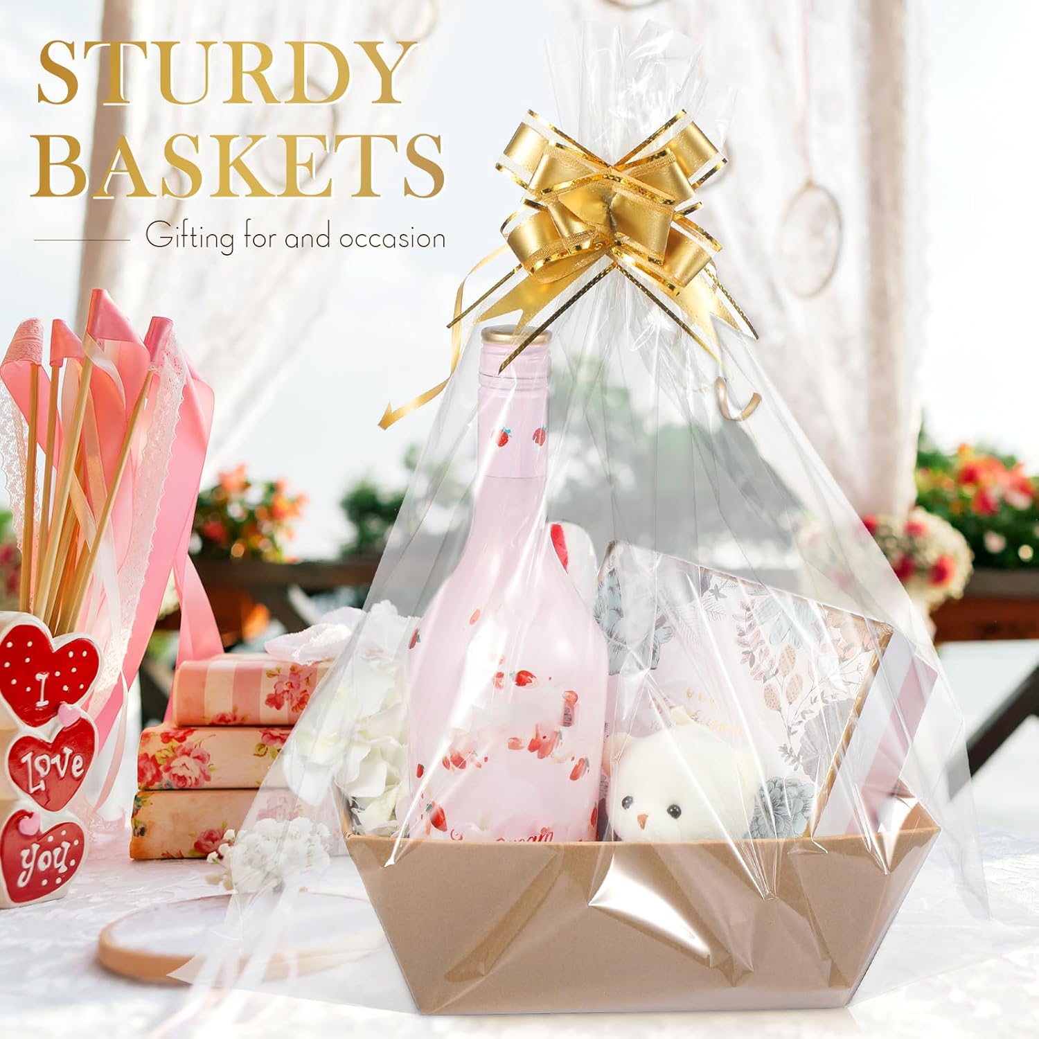 Thenshop 44 Pcs Basket for Gifts Empty Gift Basket Bulk Include 12 Cardboard Tray 12 Plastic Bags and 20 Pull Bows for Christmas Fall Halloween Birthday Wedding Party DIY Wrapping(Solid,Khaki)