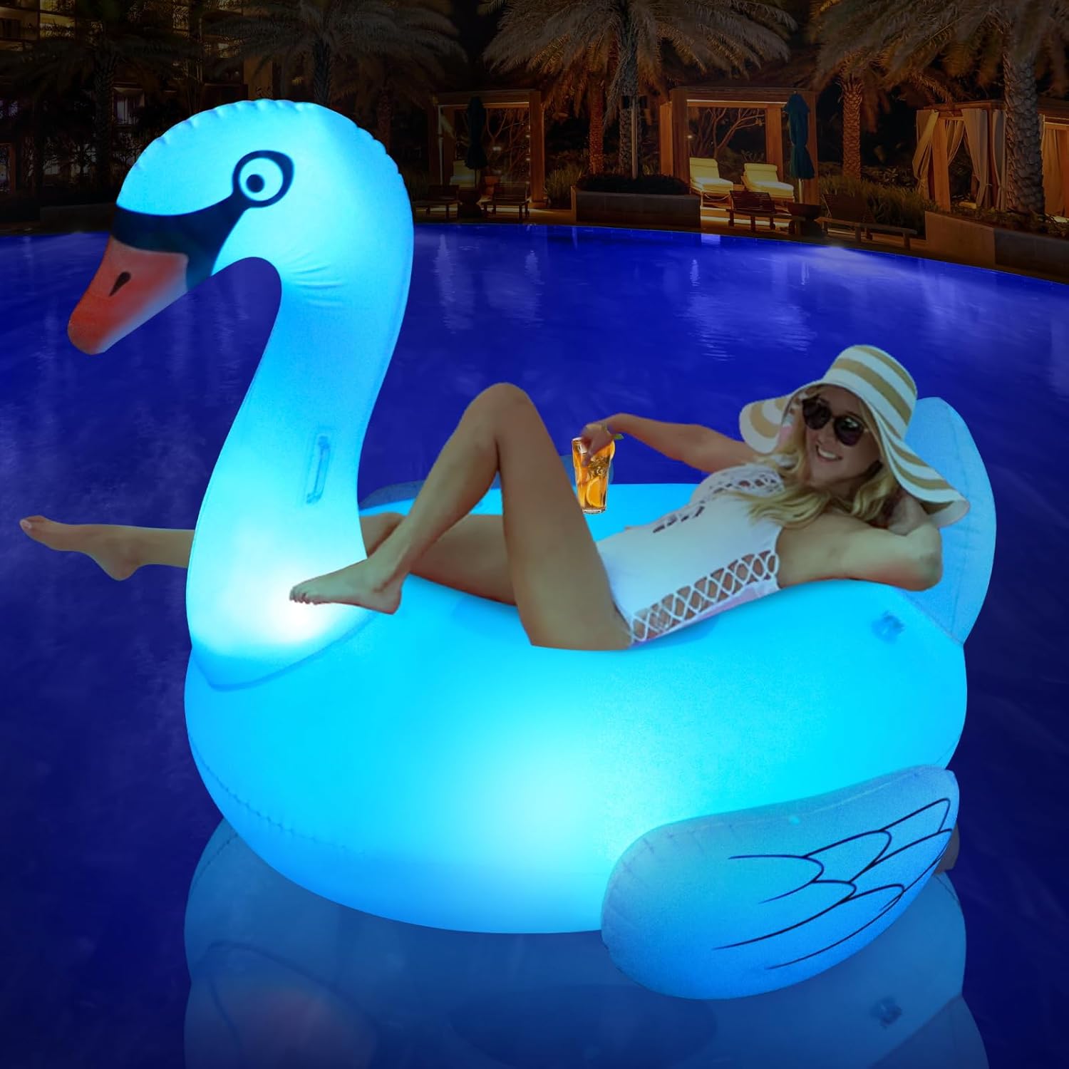 Big Swan Pool Floats Solar Powered Flamingo Pool Floats Adult w/LED Color Changing Lights, 69'' Large Inflatable Pool Floaties w/Cup Holder, Turtle Lake Float Lounger