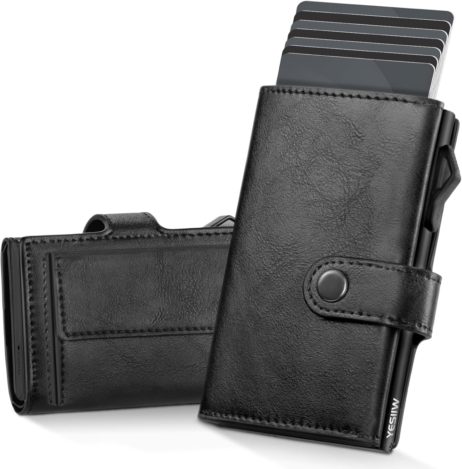 YESIIW Portefeuilles met creditcardhouder voor heren RFID-blokkering lederen minimalistische slimme pop-up drievoudige portemonnee met magnetische muntzak, knoopsluiting, biedt plaats aan maximaal 9