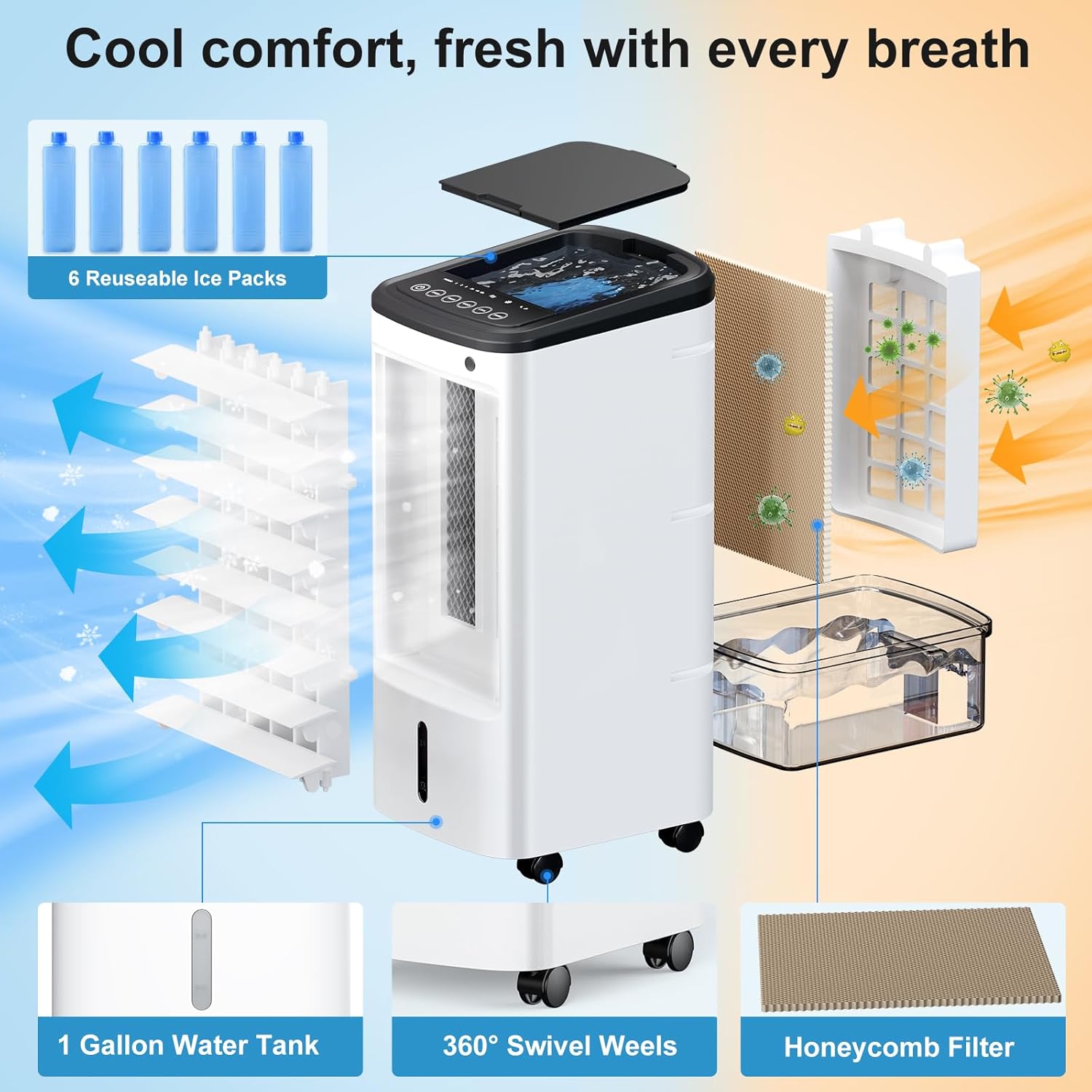 Windowless Portable Air Conditoners, 3-IN-1 Portable AC with Remote, 3 Modes 3 Speeds, 1Gal Tank & 12H Timer, 65° Oscillation, Fast Cooling Quiet Ventless Swamp Cooler for Room Home Office, Off White