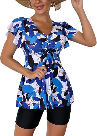 Fanuerg Womens Tankini Swimsuits Ruffled Flowy Tankini Tops with Boy Shorts Swimwear Tummy Control Two Piece Bathing Suits
