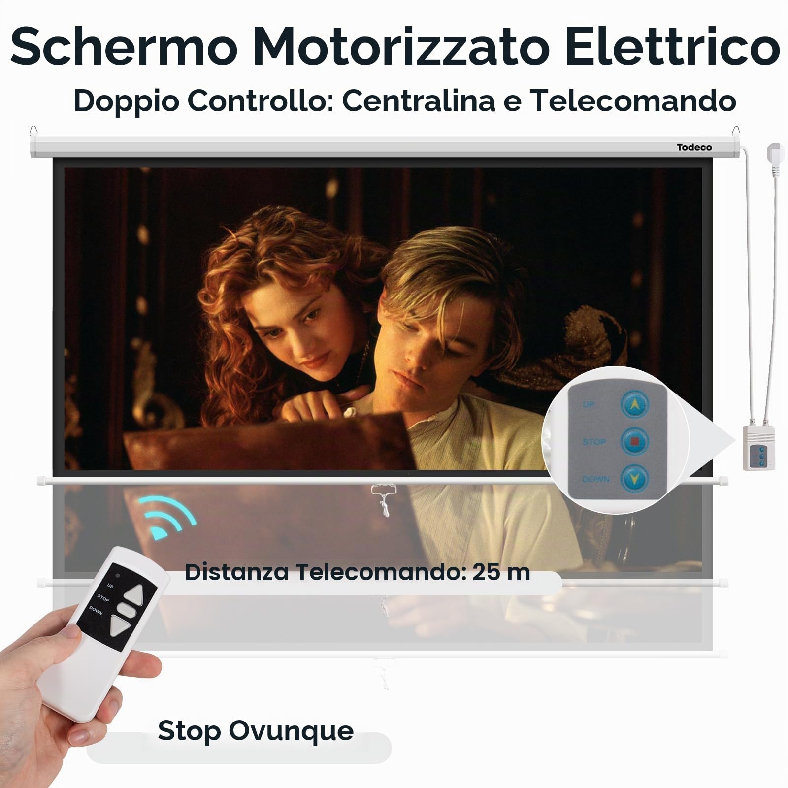 Todeco Schermo Motorizzato 84 Pollici, Elettrico con Telecomando | Regolabile in altezza, telecomando e comando a parete, formato 4:3/16:9, 4K Full HD e 3D, montaggio a parete o soffitto
