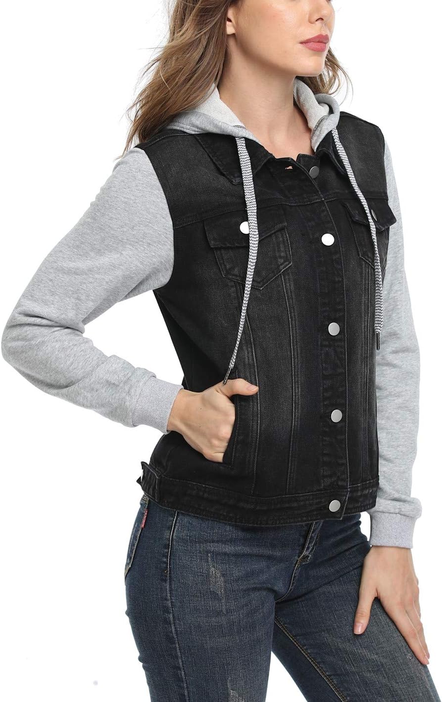 MISS MOLY Women's Hooded Jean Jacket Drawstring Layered Washed Long Sleeve Sweatshirt Hoodie Denim Jacket w 2 Pockets - Image 5