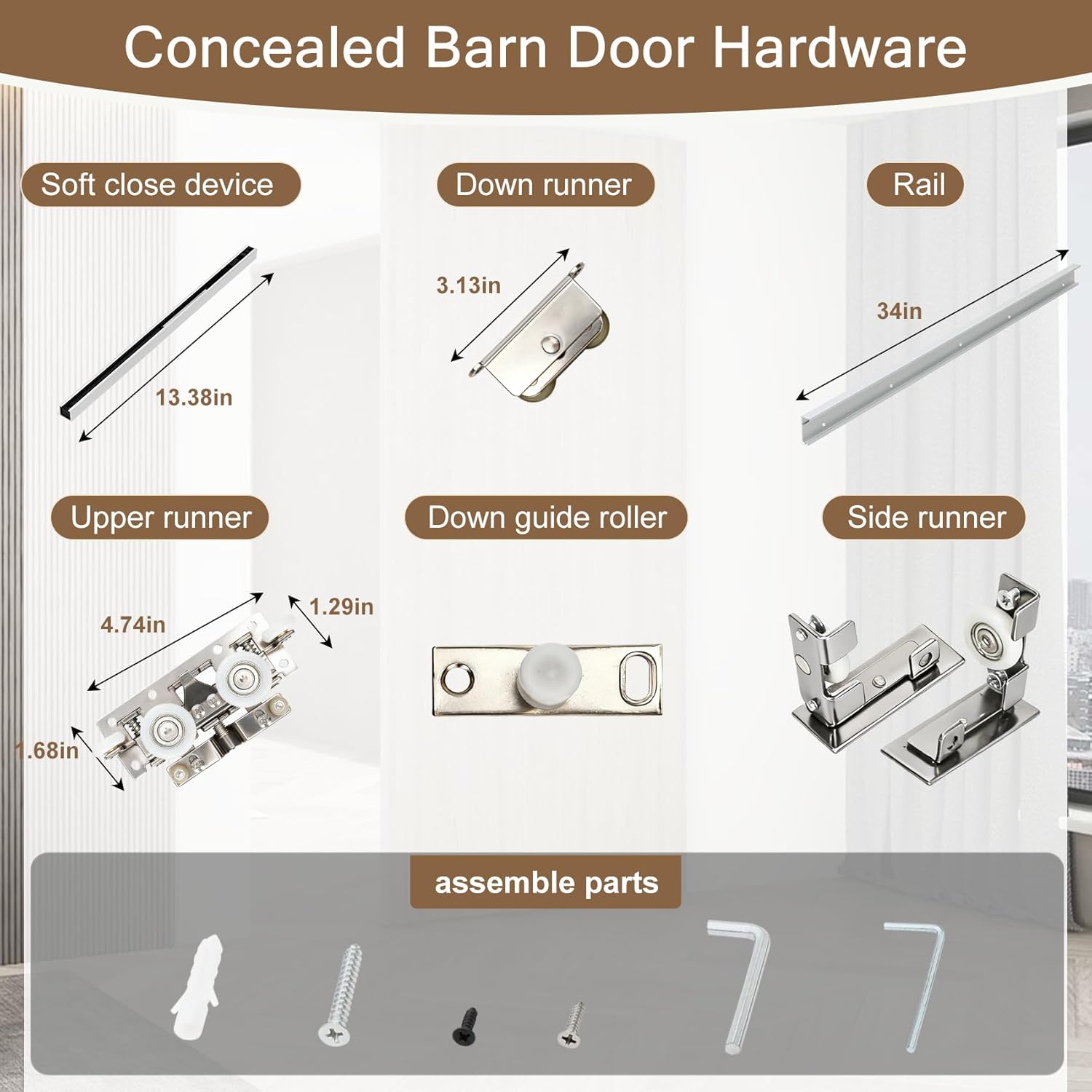 34" Concealed Sliding Barn Door Hardware Kit with Soft Close Mechanism for 26"-30" Passage Opening, Hidden Sliding Door Hardware, Floating Wall Mounted (NO Door)