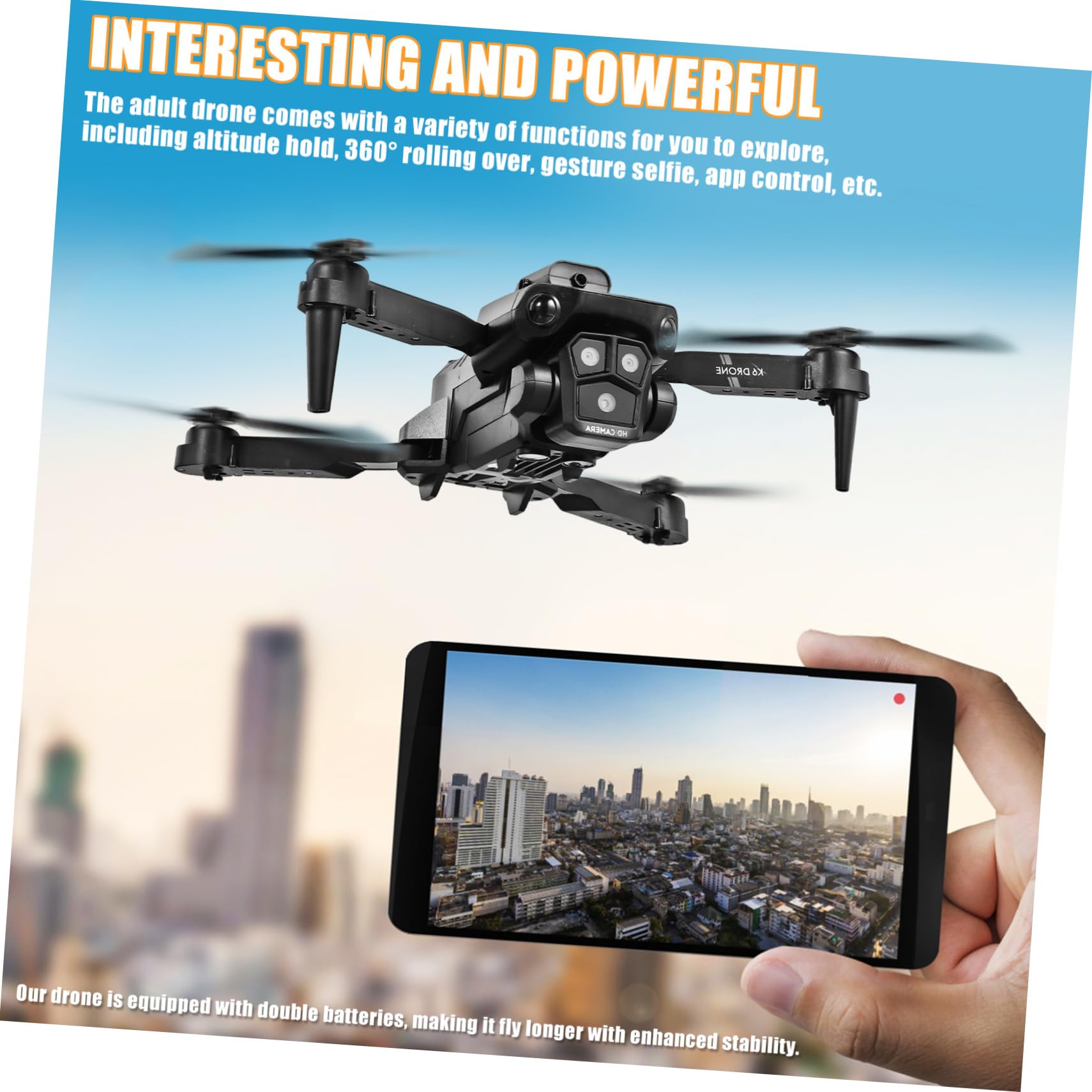 Drone Pieghevole Max con Tripla Fotocamera per Adulti Nero | 1800mah 3.7v, Lente Elettrica Regolabile 150°, Funzioni Acrobatiche e Decollo/atterraggio One-touch