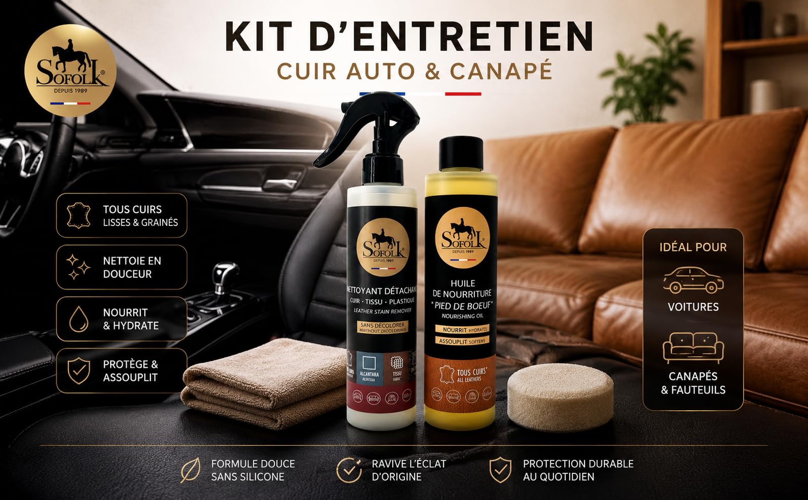 SOFOLK - Kit d’entretien complet cuir pour canapés, sièges auto, vestes, sacs et chaussures - Nettoyer, détacher et nourrir efficacement tous vos cuirs