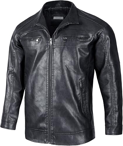 Miniatura 6 de VICALLED Chaqueta de cuero para hombre Slim Fit Stand Collar PU Chaqueta de motocicleta ligera