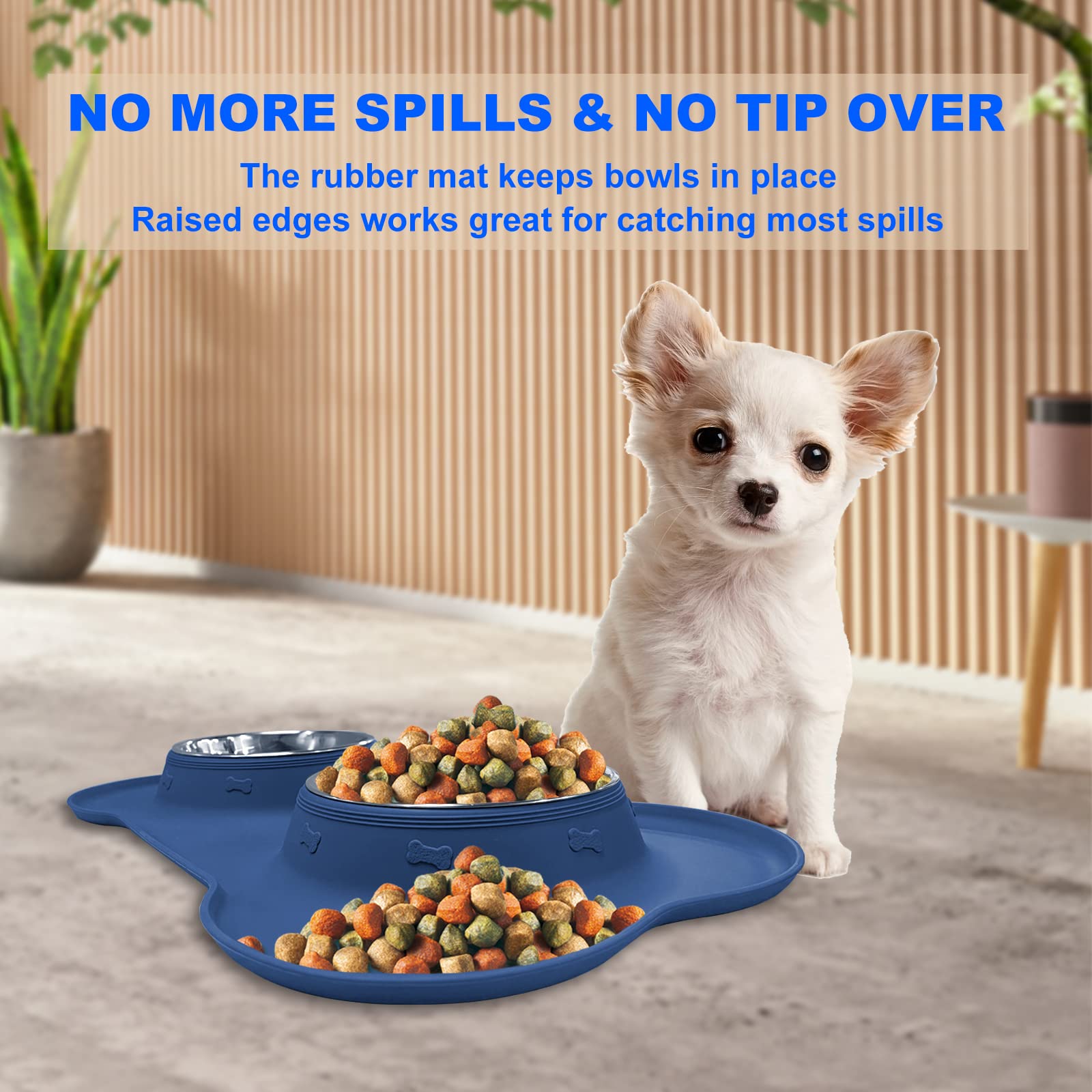AsFrost Cuencos de Acero Inoxidable para Comida y Agua para Perros, Juego de Platos para Perros con Alfombrilla de Silicona Antideslizante y antiderrames, Cuencos de comedero para Perros pequeños y
