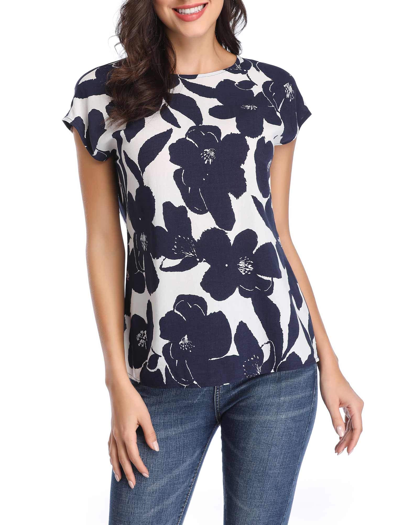 Women Short Sleeves Boatneck Floral Summer Casual Chiffon Blouse Top