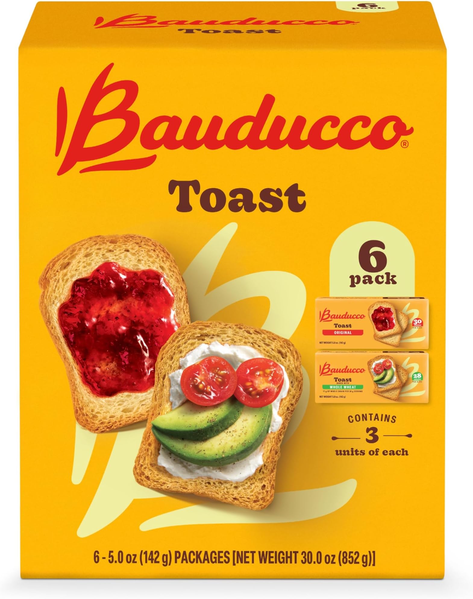 Bauducco Toast - Delicious, Light & Crispy Toasted Bread - Original & Whole Wheat - Ready-to-Eat Breakfast Toast & Sandwich Bread - No Artificial Flavors - 30 oz (Pack of 6)