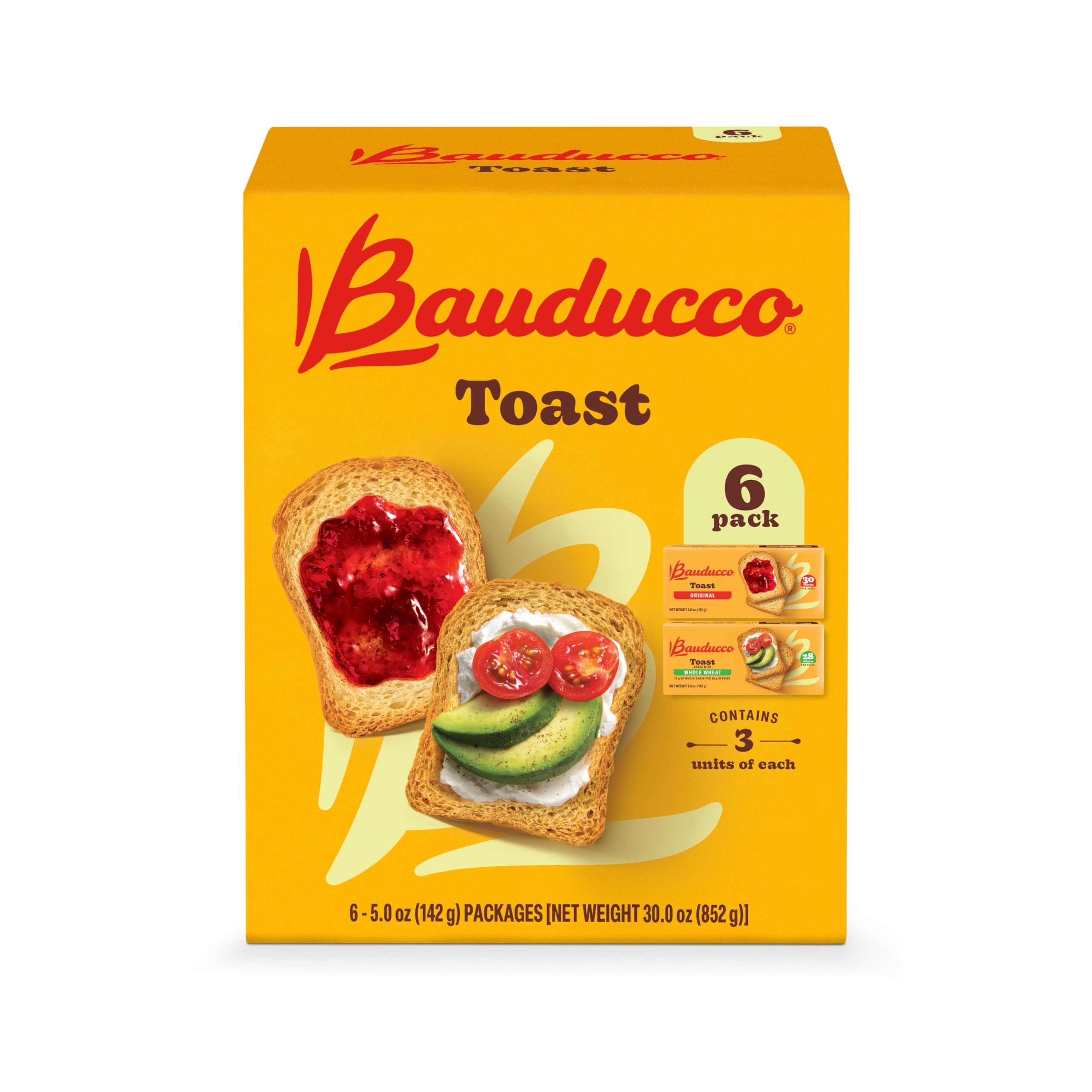 Bauducco Toast - Delicious, Light & Crispy Toasted Bread - Original & Whole Wheat - Ready-to-Eat Breakfast Toast & Sandwich Bread - No Artificial Flavors - 30 oz (Pack of 6)