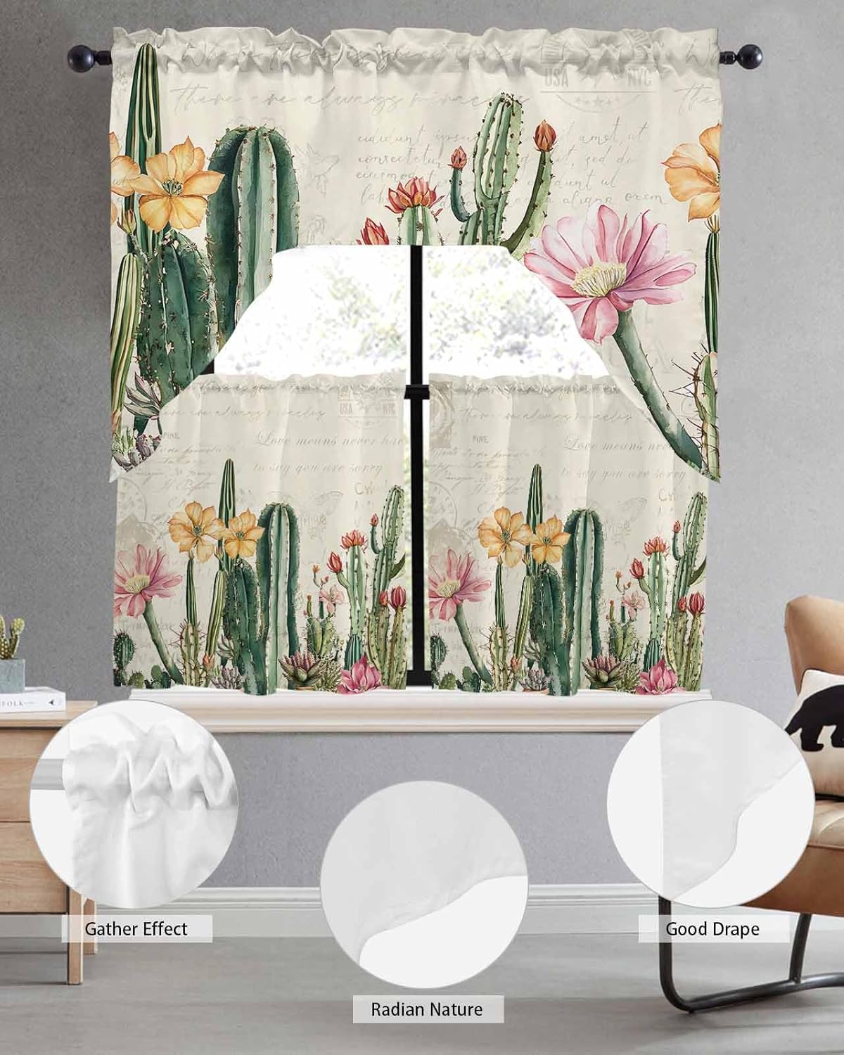 Vintage Green Cactus Kitchen Curtains Sets for Windows 3 Piece, Spring Floral Watercolor Botanical Kitchen Curtains and Valances Tier Set 36 Inch Length Swag Curtain for Living Room Cafe Bathroom