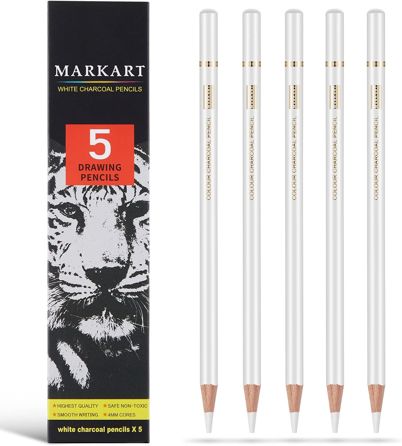 Professional White Charcoal Pencils Set, 5 Pieces Sketch Highlight Charcoal Pencils for Drawing, Sketching, Shading, Blending, White Chalk Pencils for Beginners & Artists