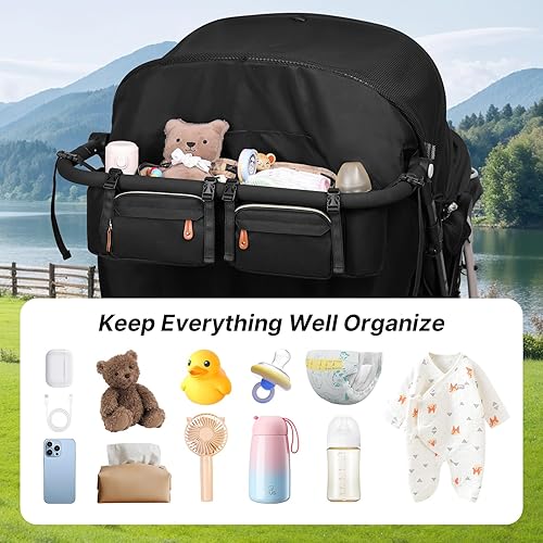 Miniatura 7 de Organizador de cochecito doble para Bob Duallie y Baby Jogger City Mini GT2, organizador de cochecito doble con soporte para tazas y 2 bolsillos