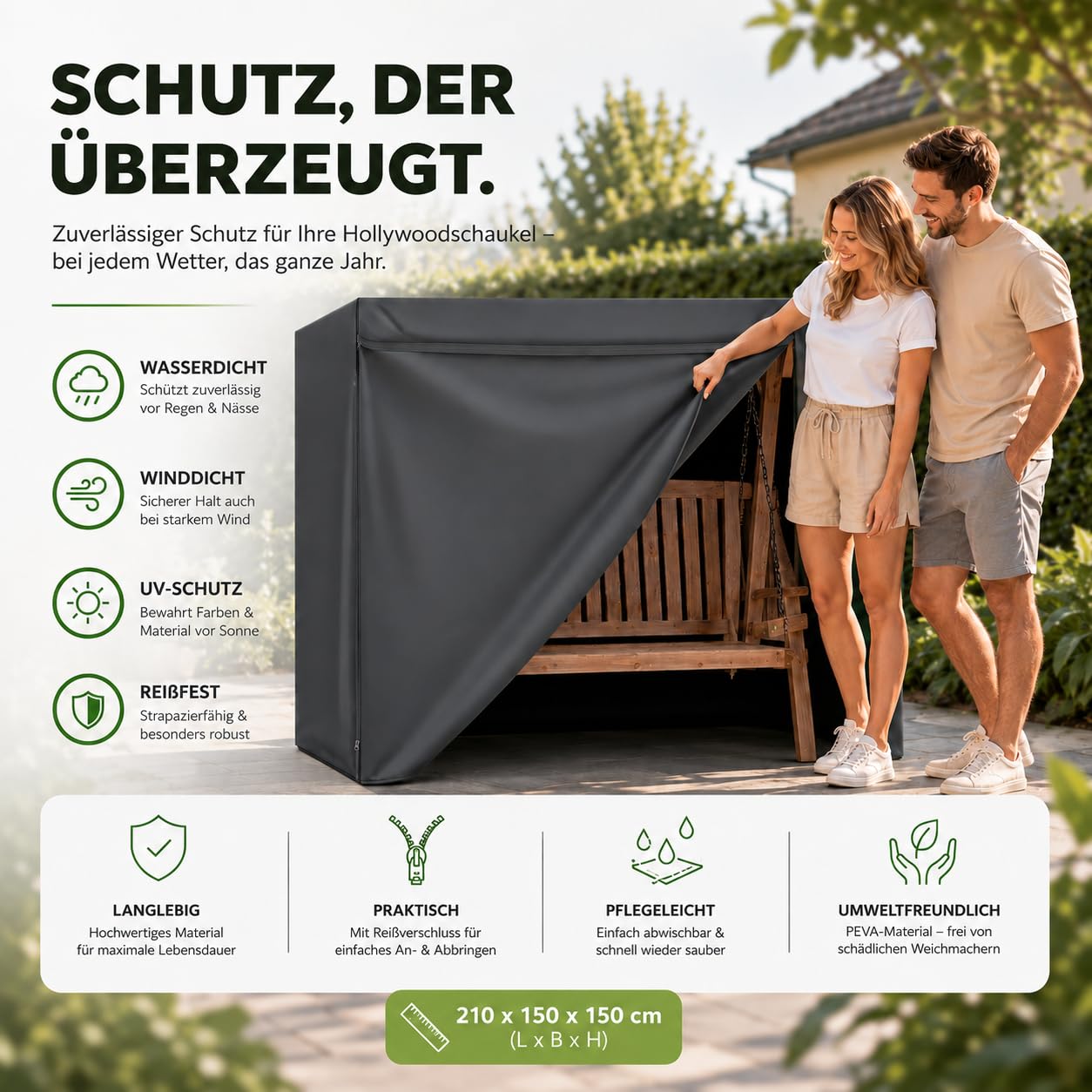 Housse de protection pour balancelle de jardin 2,3,4 places, imperméable, coupe-vent et protection UV – Bâche indéchirable pour balancelle de jardin et banc à bascule – 210 x 150 x 150 cm