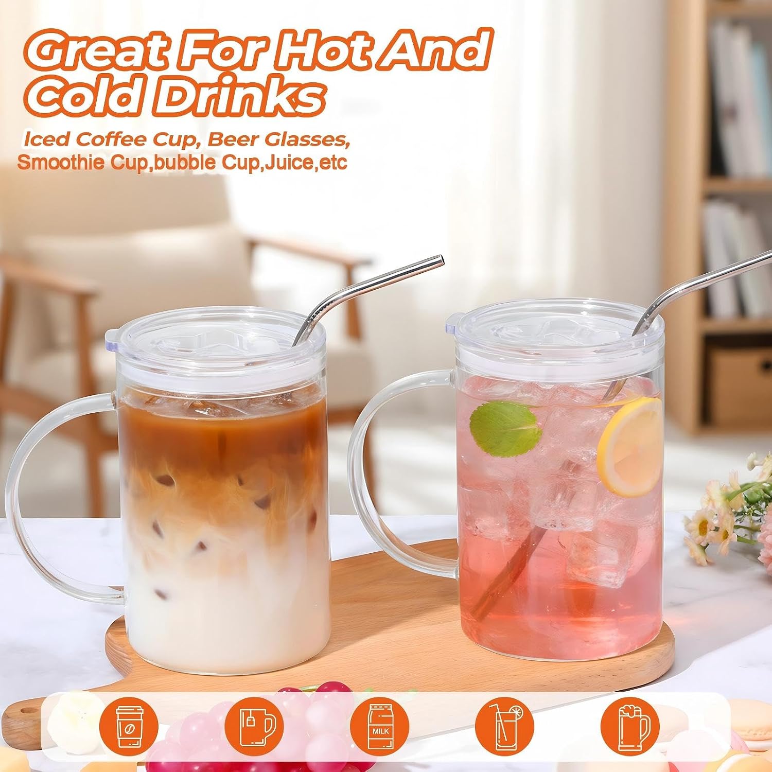 Sieral 4 Pack 33.8 oz Glass Tumbler with Straw and Lid Large Glass Cup with Handles Iced Coffee Glasses Reusable Drinking Glasses Set for Iced Coffee Smoothies Drink Juice for Birthday Valentine Gift