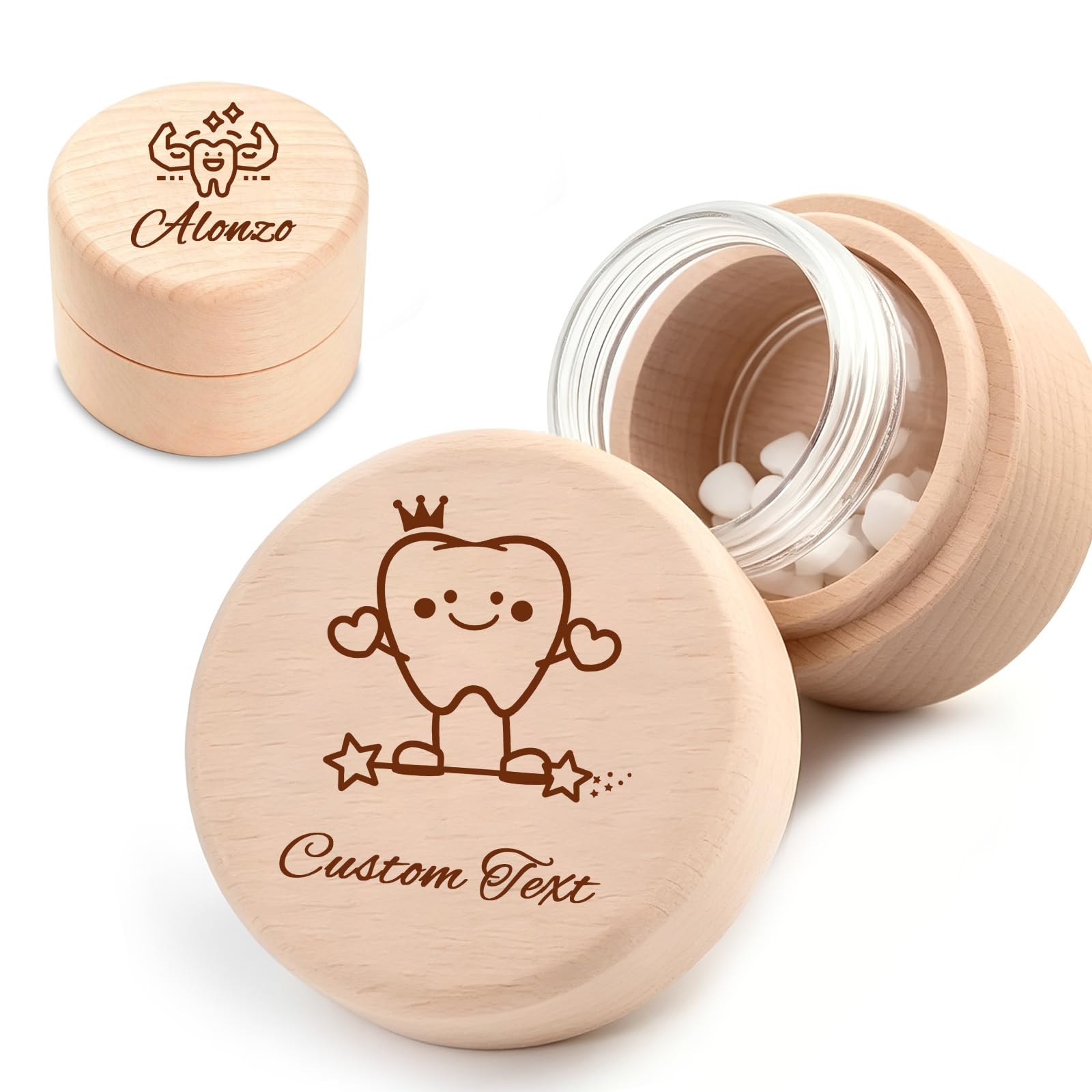 QSZ Personalized Wooden Tooth Keepsake Box with Name Text Custom Umbilical Cord Keepsake Box for Boys Girls Tooth Fairy Tooth Holder Gift for Full Moon Birthday (Tooth Fairy Kit - 1)