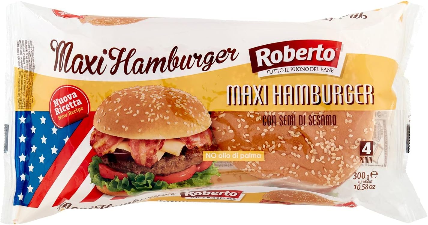 Roberto Maxi Burger Buns with Sesame Seeds (4 x 75g / 300g) No Palm Oil!
