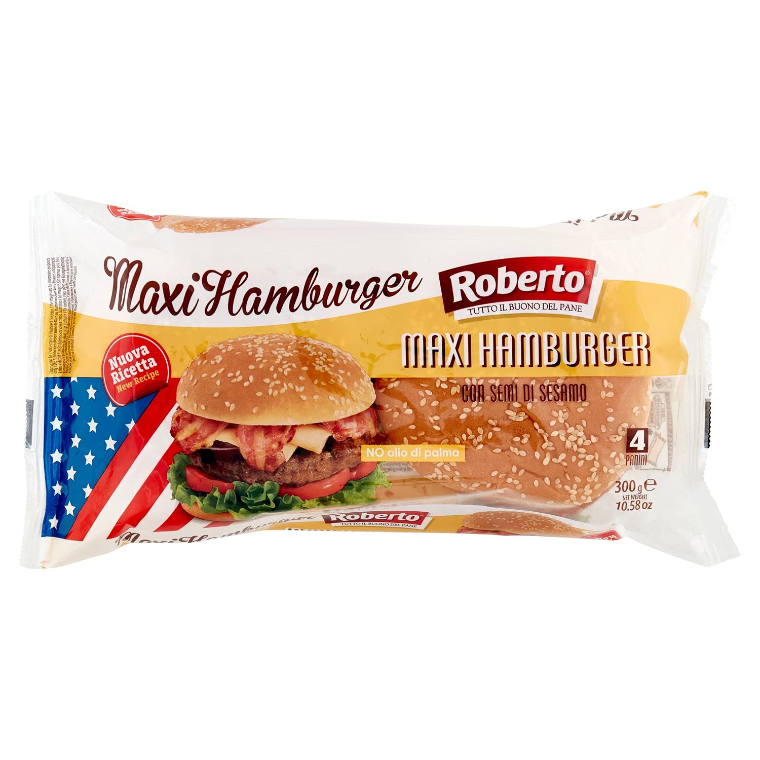 Roberto Maxi Burger Buns with Sesame Seeds (4 x 75g / 300g) No Palm Oil!