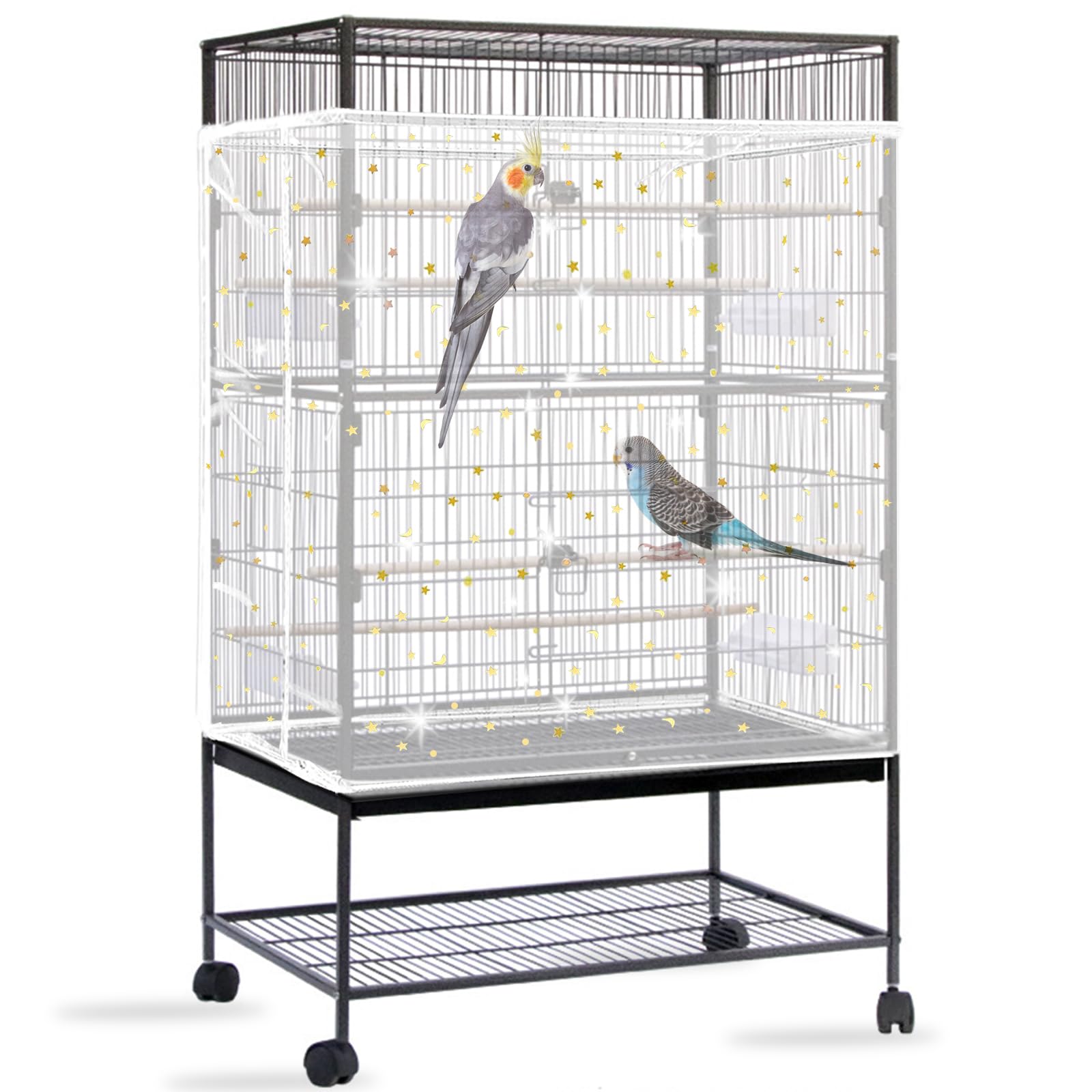 Mngren White, Sequins Star Yepper Bird Cage Seed Catcher, Large Bird Cage Cover, Adjustable Soft Airy Nylon Mesh Net, Birdcage Cover Skirt Seed Guard For Parrot Parakeet Macaw African Round Square Cages (White, Sequins Star)