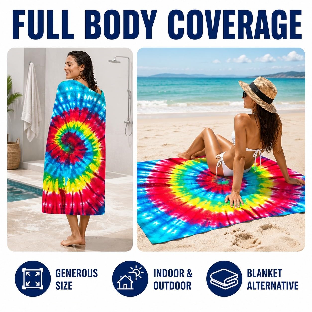 Serviette de Plage Tie-Dye en Spirale Microfibre Rapide 200x200 cm