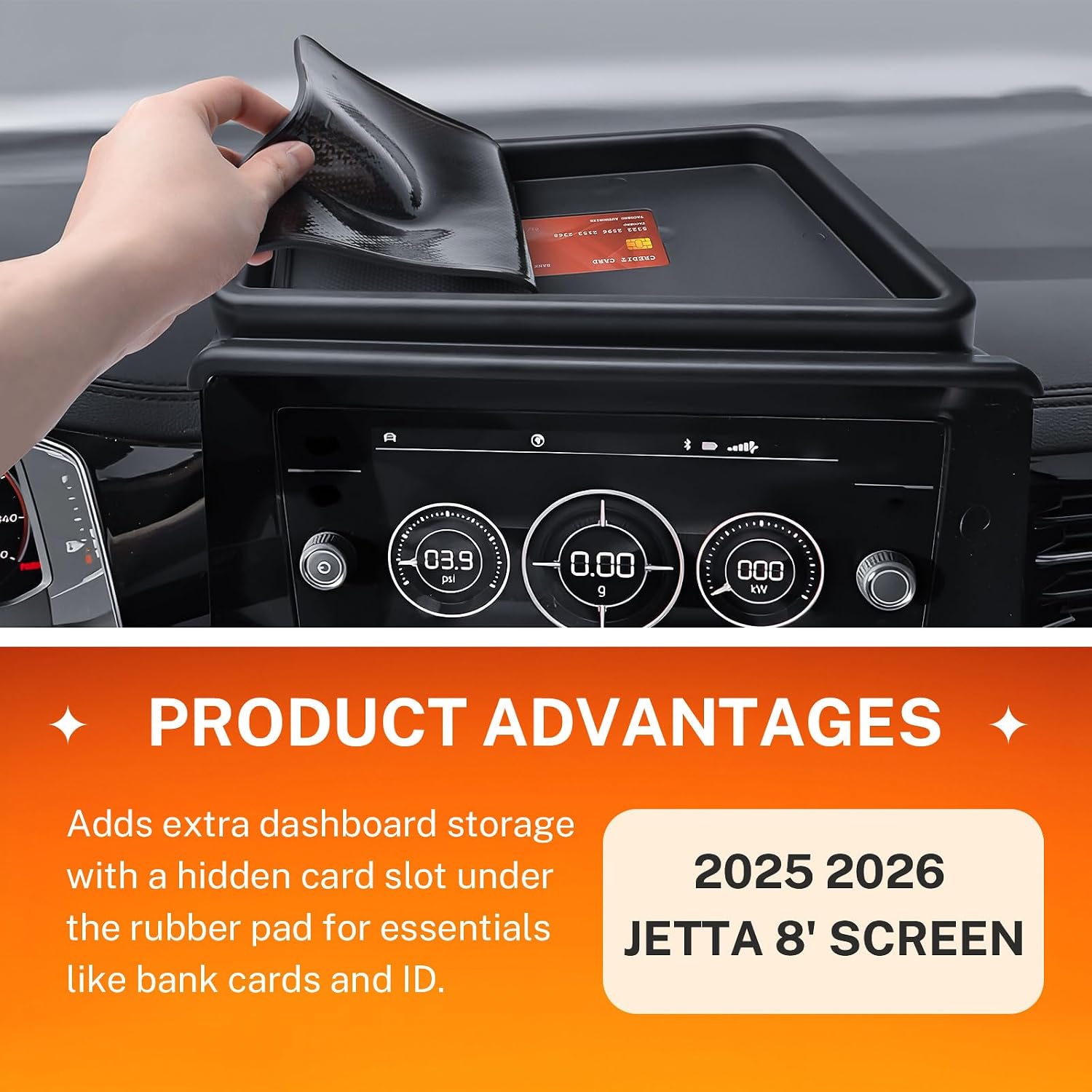 Dash Center Console Tray Compatible with 2025 2026 Jetta 8' Screen, Dashboard Storage Organizer Tissue Sunglasses Holder (for Jetta 2025-26 S SE Sport SEL GLI, Fit 8-inch Screen)