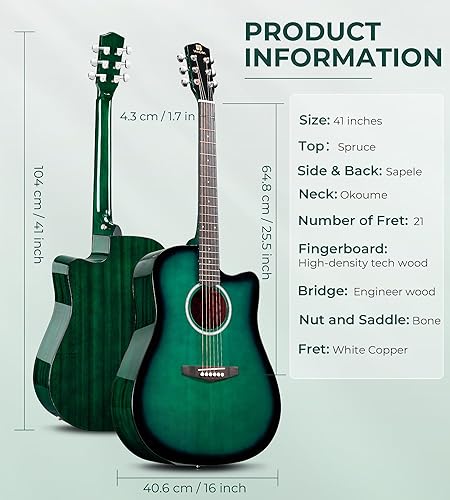 Miniatura 14 de Vangoa Kit de guitarra acústica para principiantes, adultos, adolescentes, tamaño completo, cortada, guitarra, acustica, 41 pulgadas, juego natural