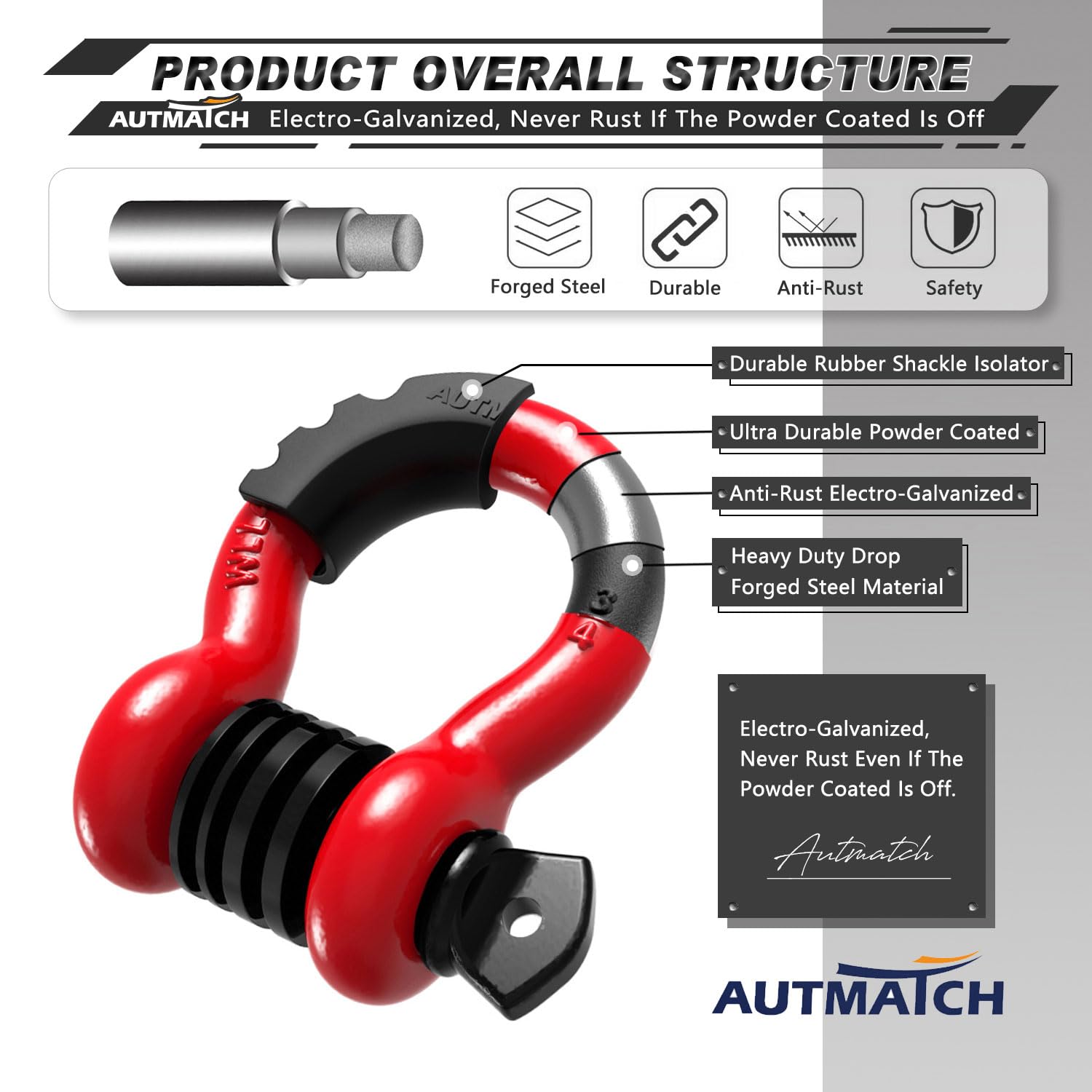 AUTMATCH Szekla D Ring 3/4" (2 szt.) 100 kg wytrzymałość na zerwanie z trzpieniem śrubowym 7/8" i podkładkami izolatora szekla do wyciągarki pasów holowniczych do odzyskiwania pojazdów terenowych czerwona i czarna