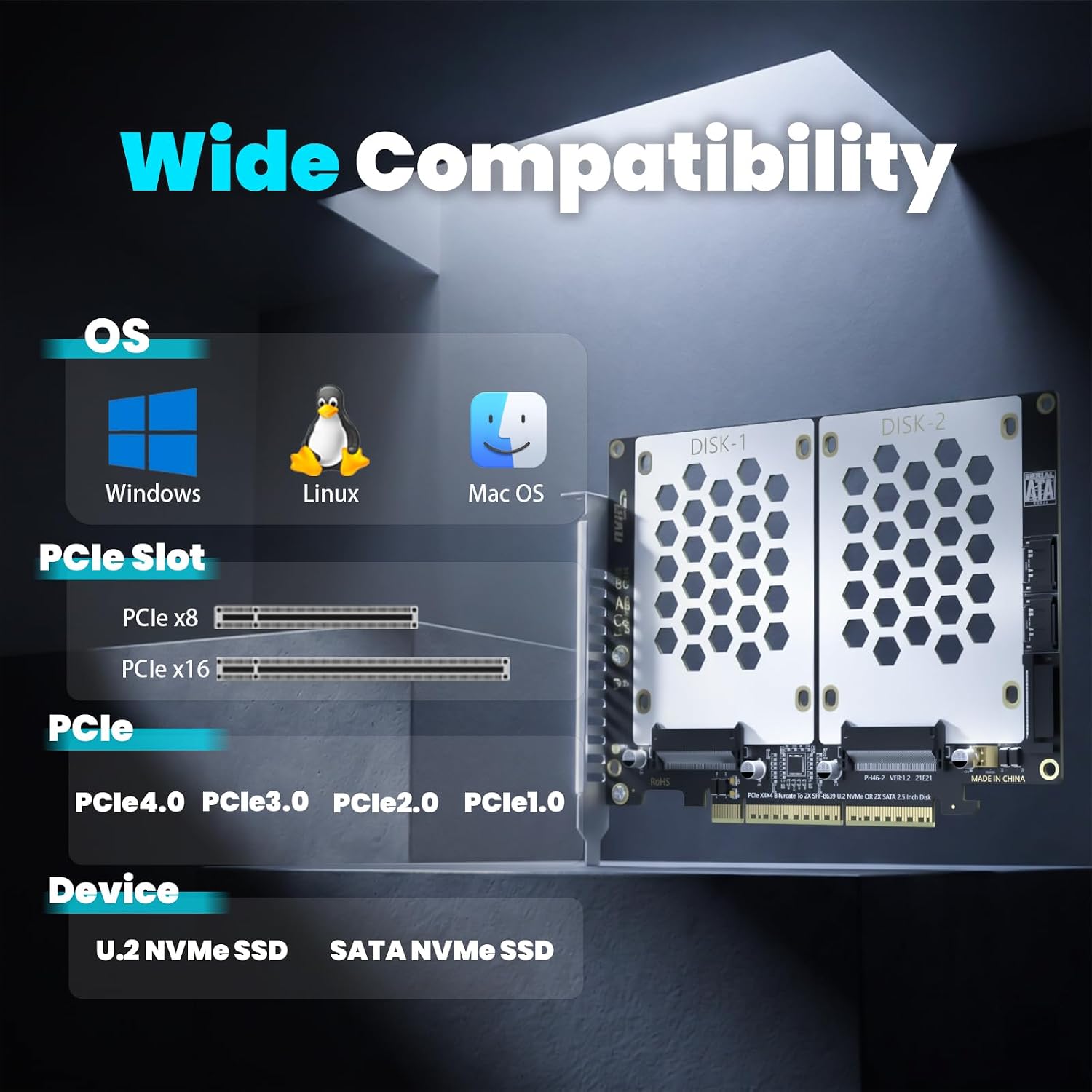 Dual U.2 to PCIe 4.0 x8 Adapter Card, Supports U.2 NVMe SSDs and SATA SSDs/HDDs, Up to 128Gbps Bandwidth, Bifurcation Required