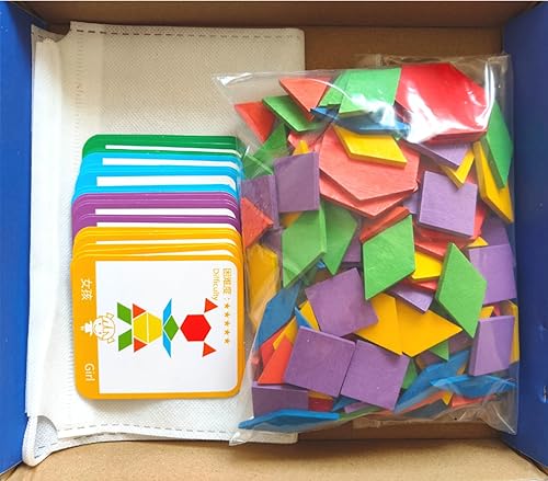 Miniatura 2 de Juego de 155 bloques de madera con forma geométrica y color, rompecabezas de jardín de infantes, juguetes educativos clásicos Montessori Tangram