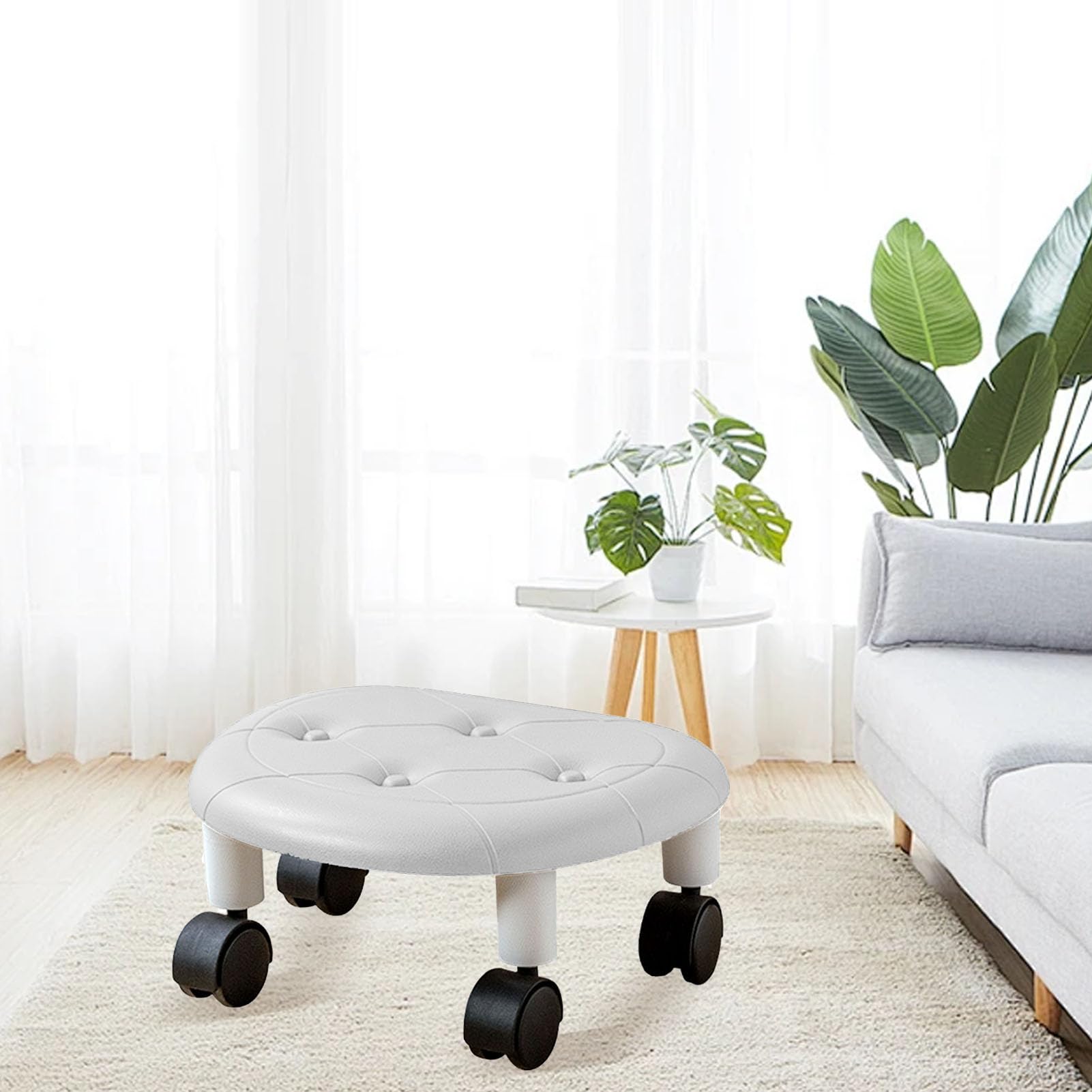 Tabouret Roulant Bas, 33,5 x 15 x 26 cm, Siège Flexible Rotatif à 360 avec roulettes, Universel Mobile, Siège Rond pour la Maison, Chambre de Bébé, Bureau (Blanc)
