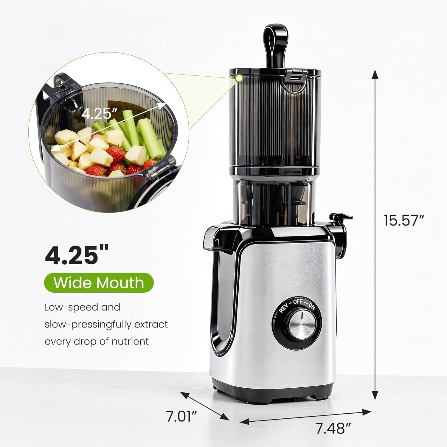 Slow Masticating Juicer, 200W Cold Press Juicer Machine with Safety Lock & Reverse Function, Juice Extractor for Fruits & Vegetables, Easy Clean, Silver