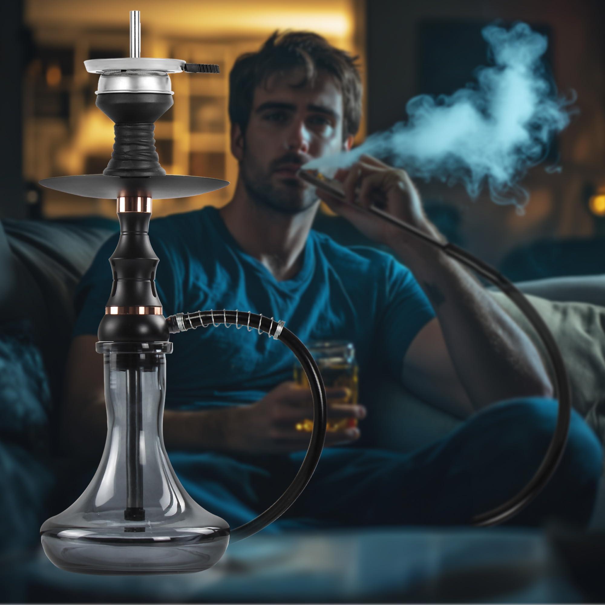 Glass Hookah Set completo con todo de aleación de aluminio con difusor Manguera de silicona lavable Caucho Chisha Bowl Dispositivo de gestión de calor Pinzas de carbón(Negro)
