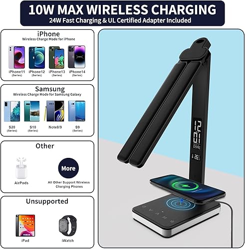 Miniatura 5 de LED Desk Lamp with Charger, USB Charging Port, Dual Swing Arm Desk Light with 5 Brightness, 3 Colors, Table Lamp with Clock, Alarm, Date,