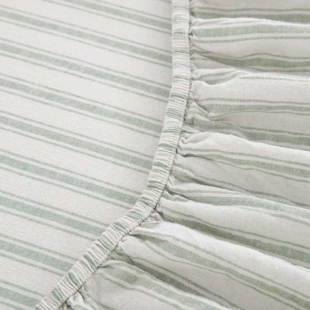 DAUAOTO Queen Size Linen Blend Sheets Set, 55% Linen 45% Cotton Bedding Sets, Bedlinen Up to 16" Deep, Striped Sage Green