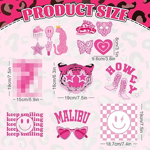Miniatura 2 de Whaline 8 hojas de calcomanías de vinilo de transferencia de calor, color rosa intenso, parches de vinilo HTV para planchar, cara sonriente,